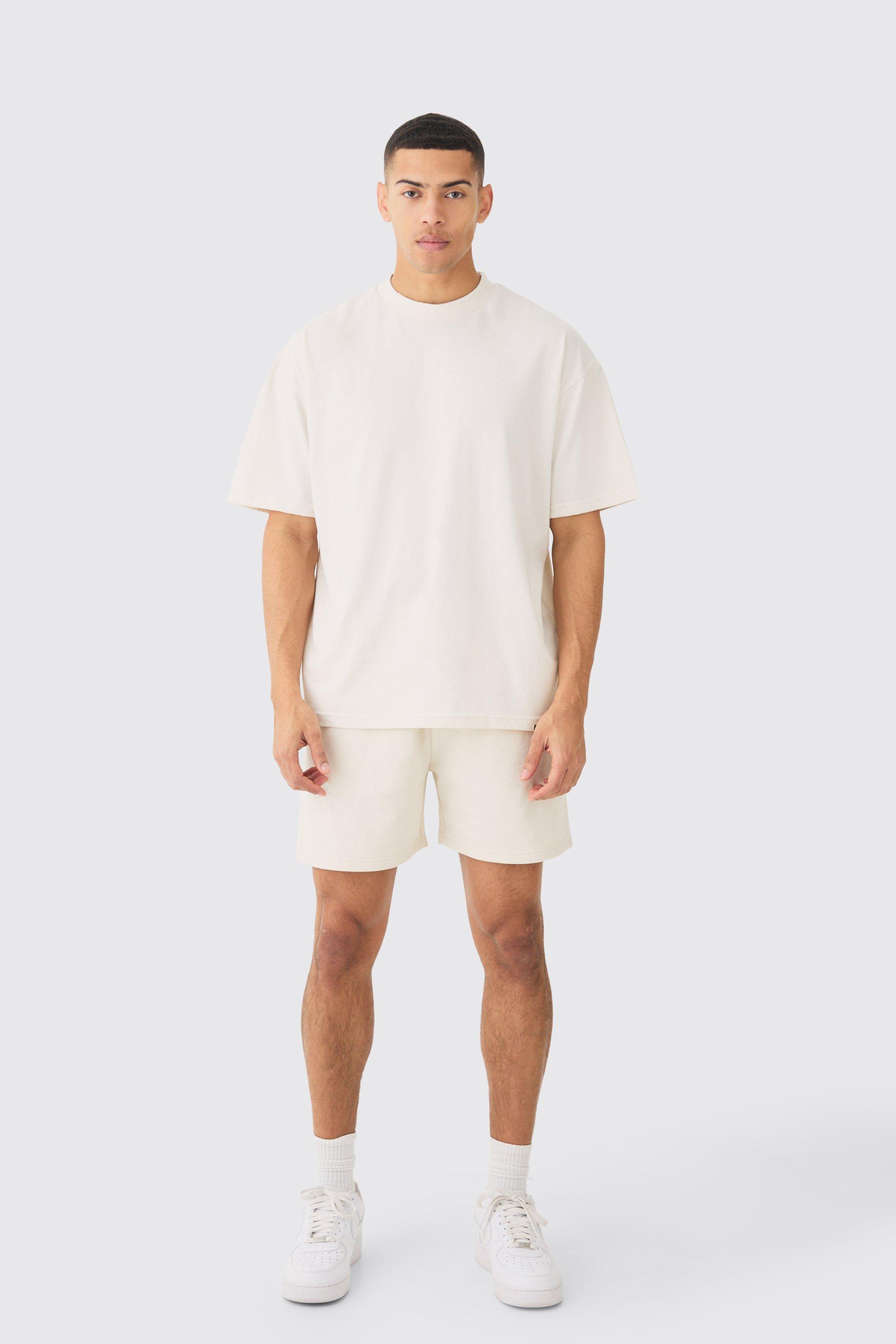 Mens Cream Oversized Extended Neck Heavyweight T-shirt & Shorts Set, Cream