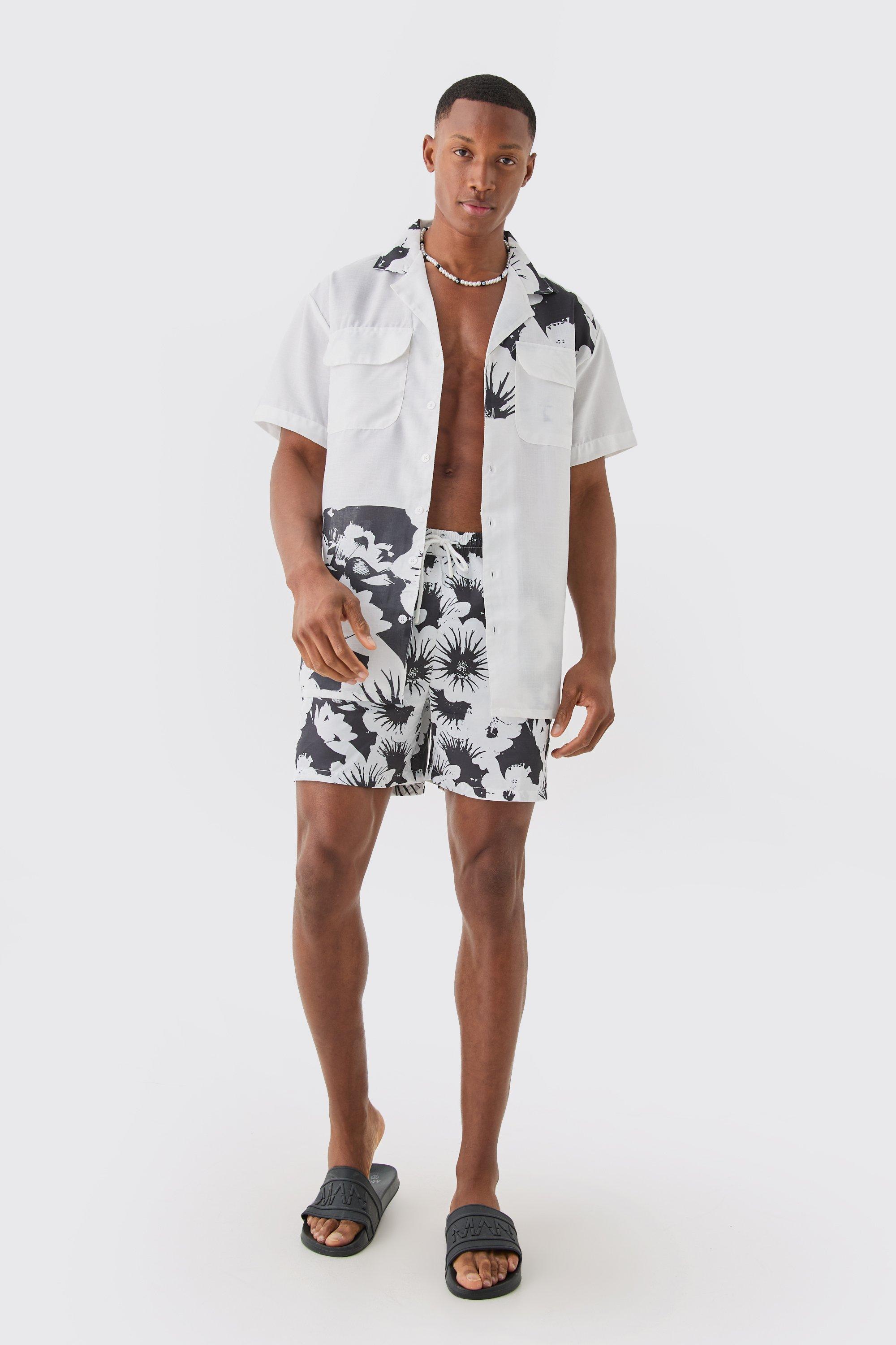 Image of Oversized Printed Shirt And Swim Short Set, Bianco