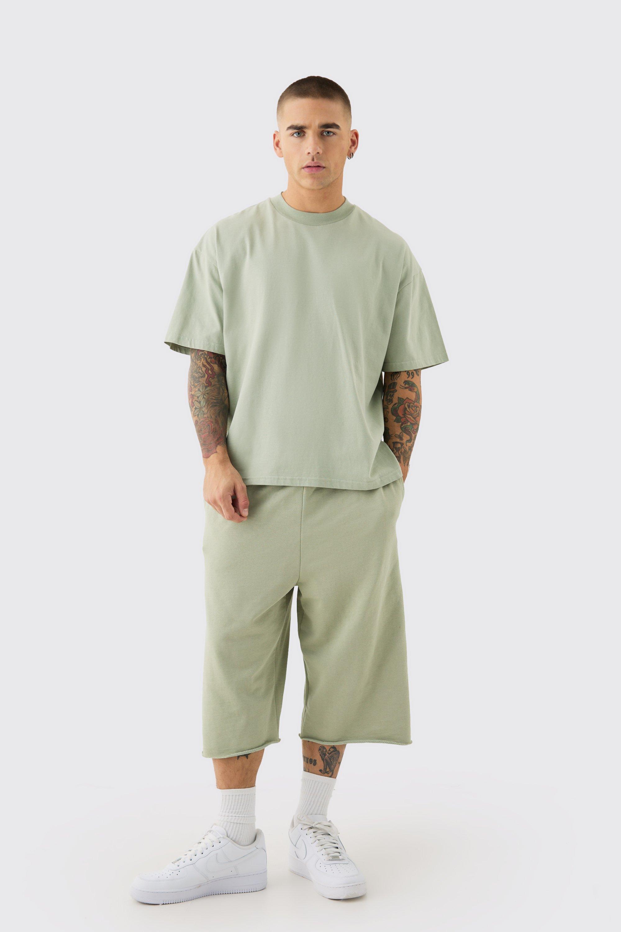 Mens Green Oversized Extended Neck Boxy Heavyweight T-shirt & Shorts Set, Green