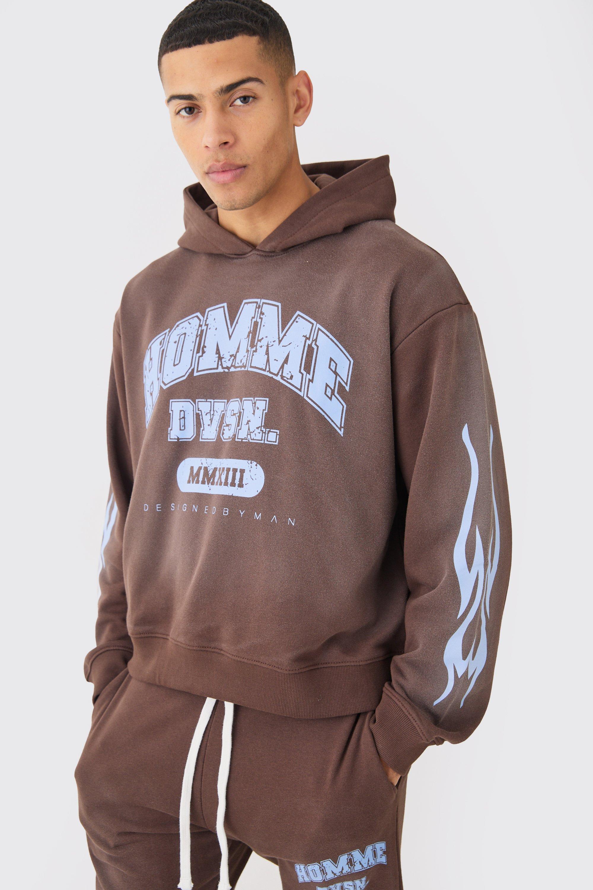 Image of Oversized Boxy Spray Wash Homme Hoodie, Brown