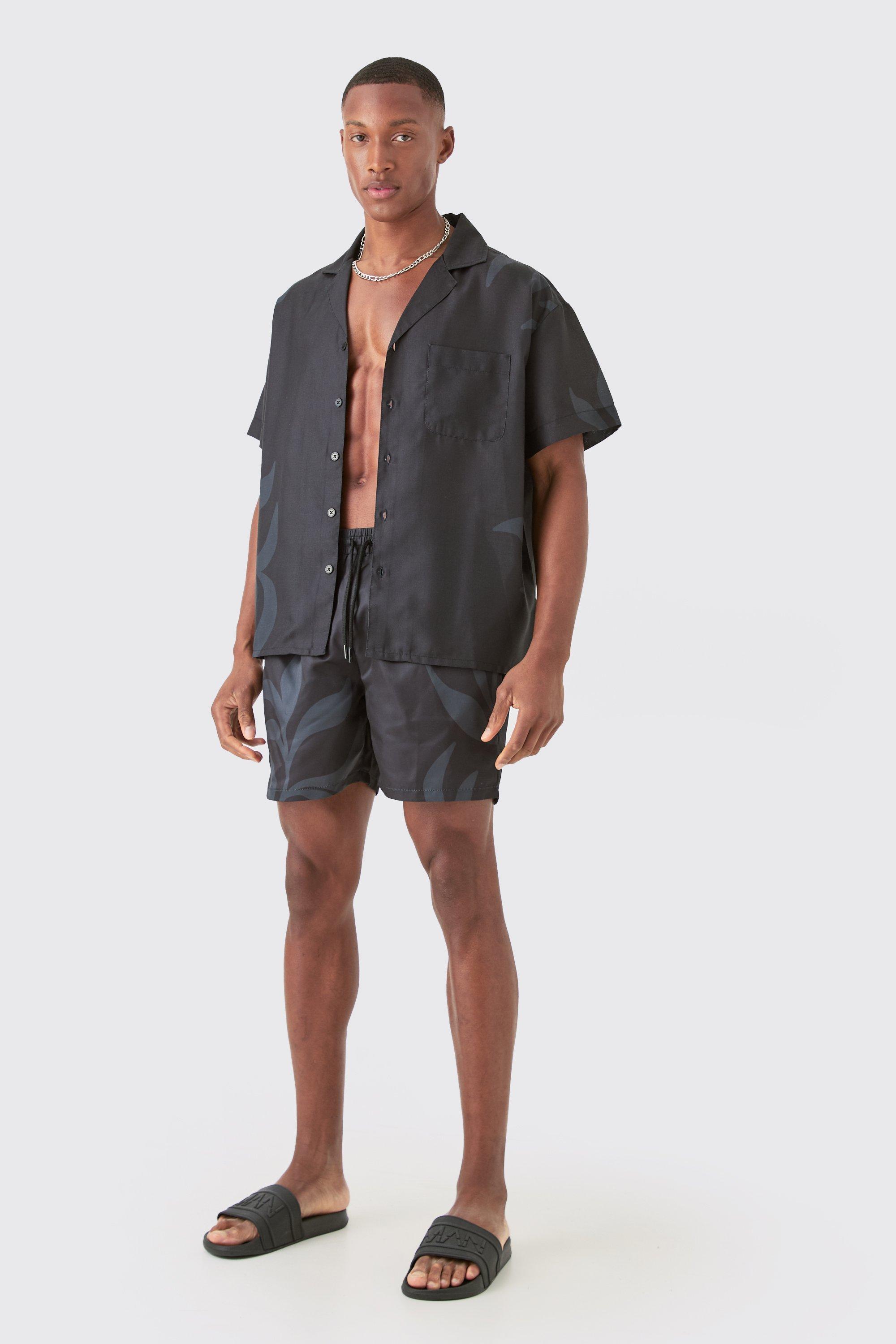 Mens Black Boxy Printed Shirt And Swim Short Set, Black