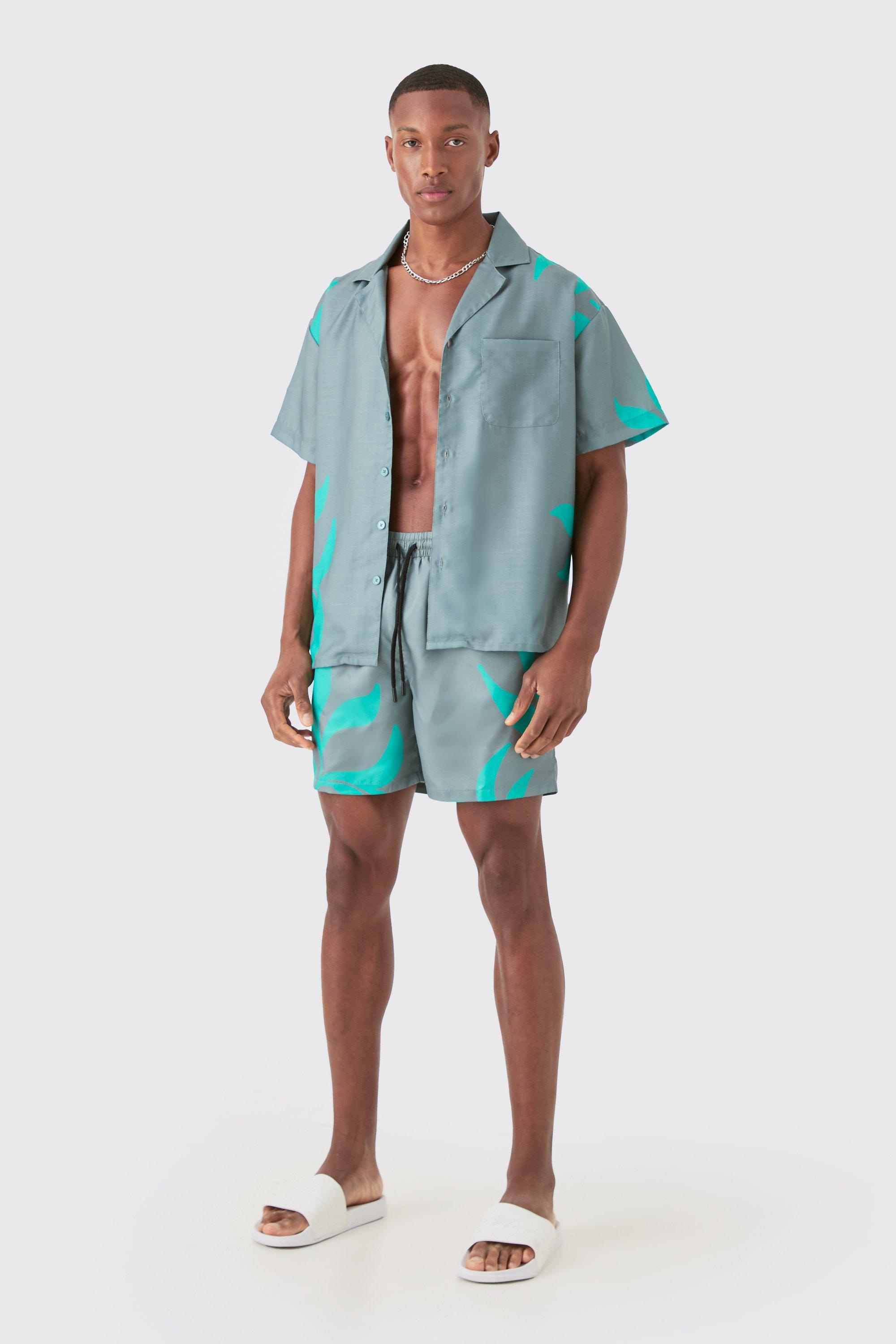 Mens Grey Boxy Printed Shirt And Swim Short Set, Grey