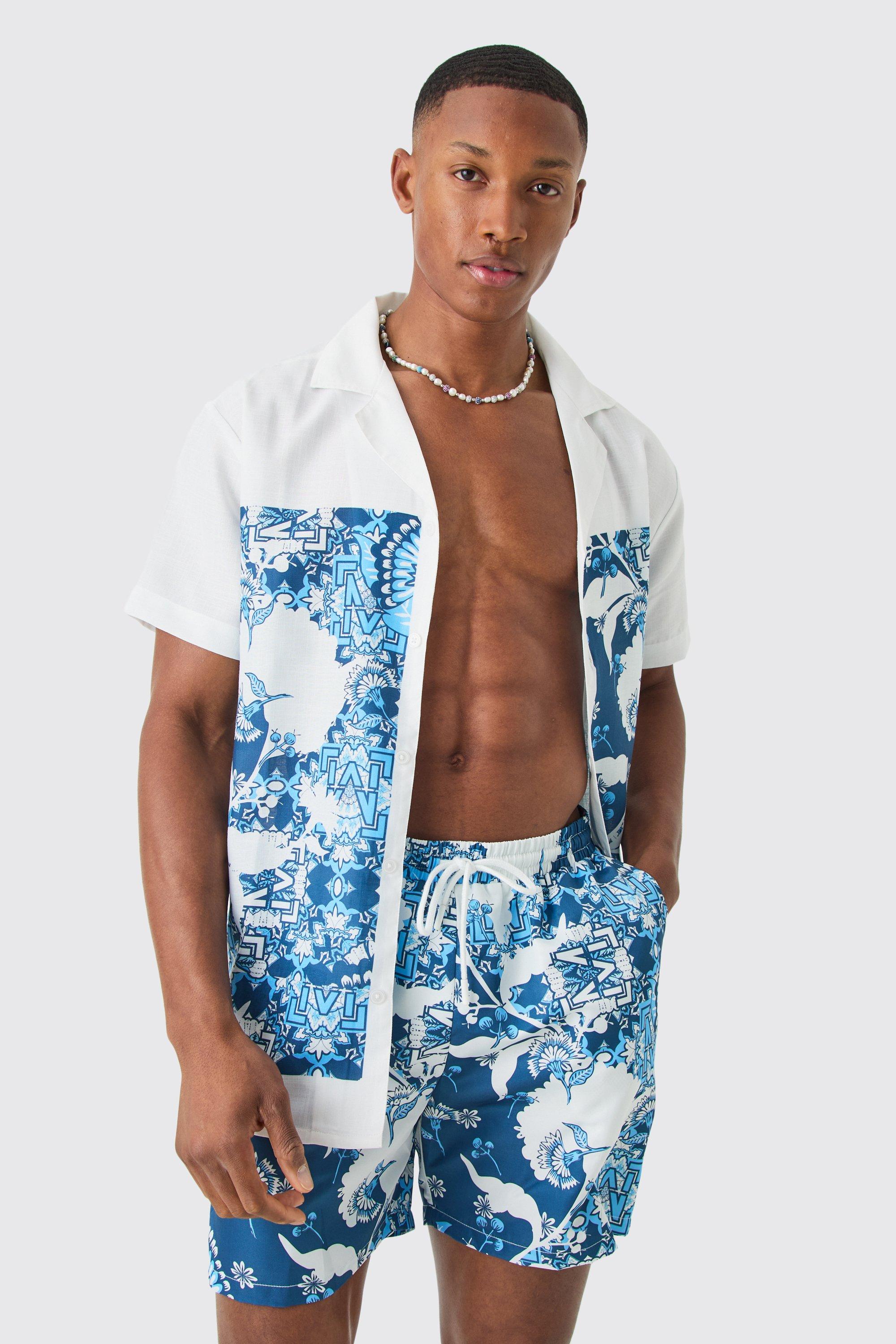 Mens White Regular Printed Shirt And Swim Short Set, White