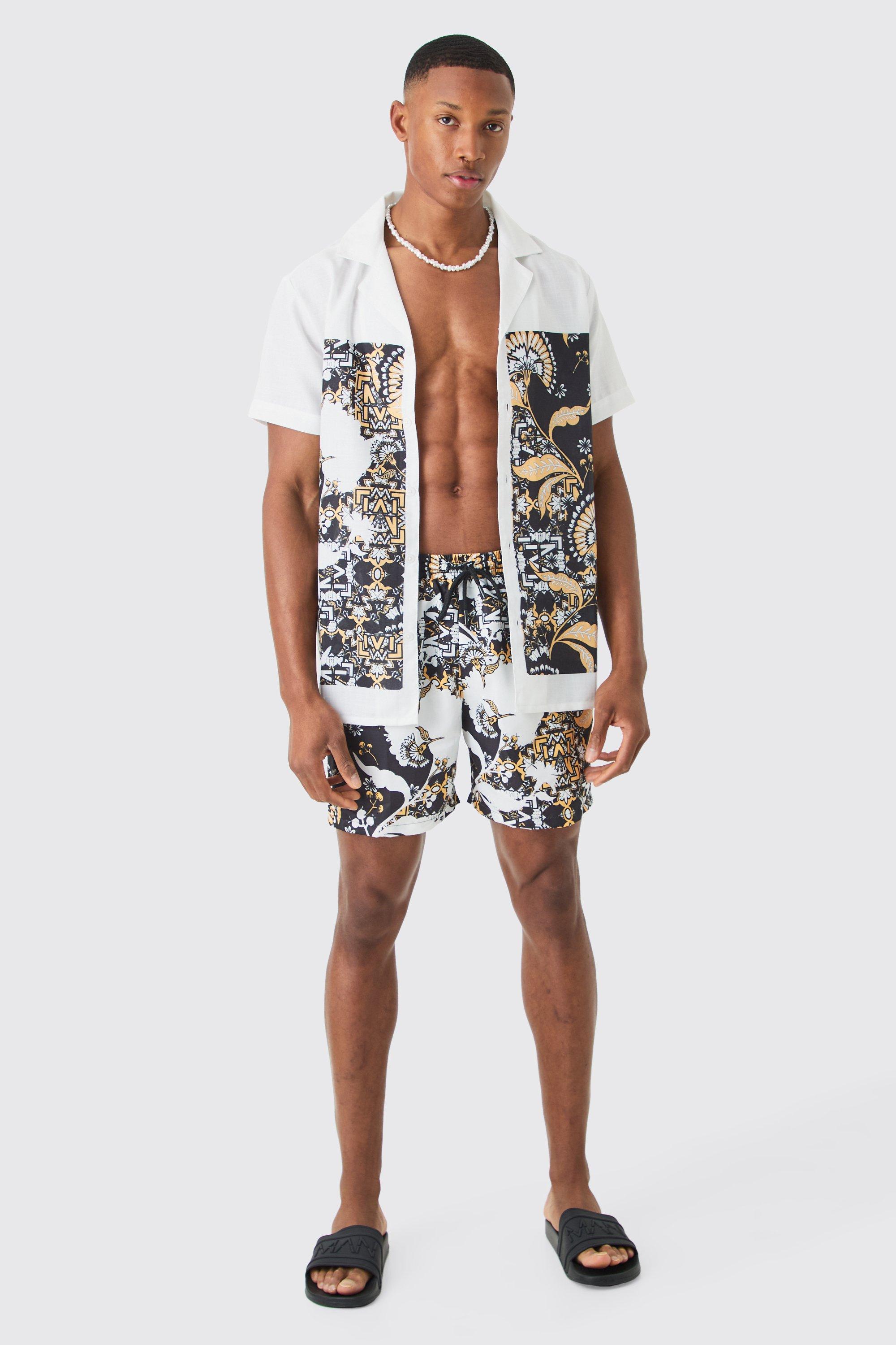 Mens Black Regular Printed Shirt And Swim Short Set, Black