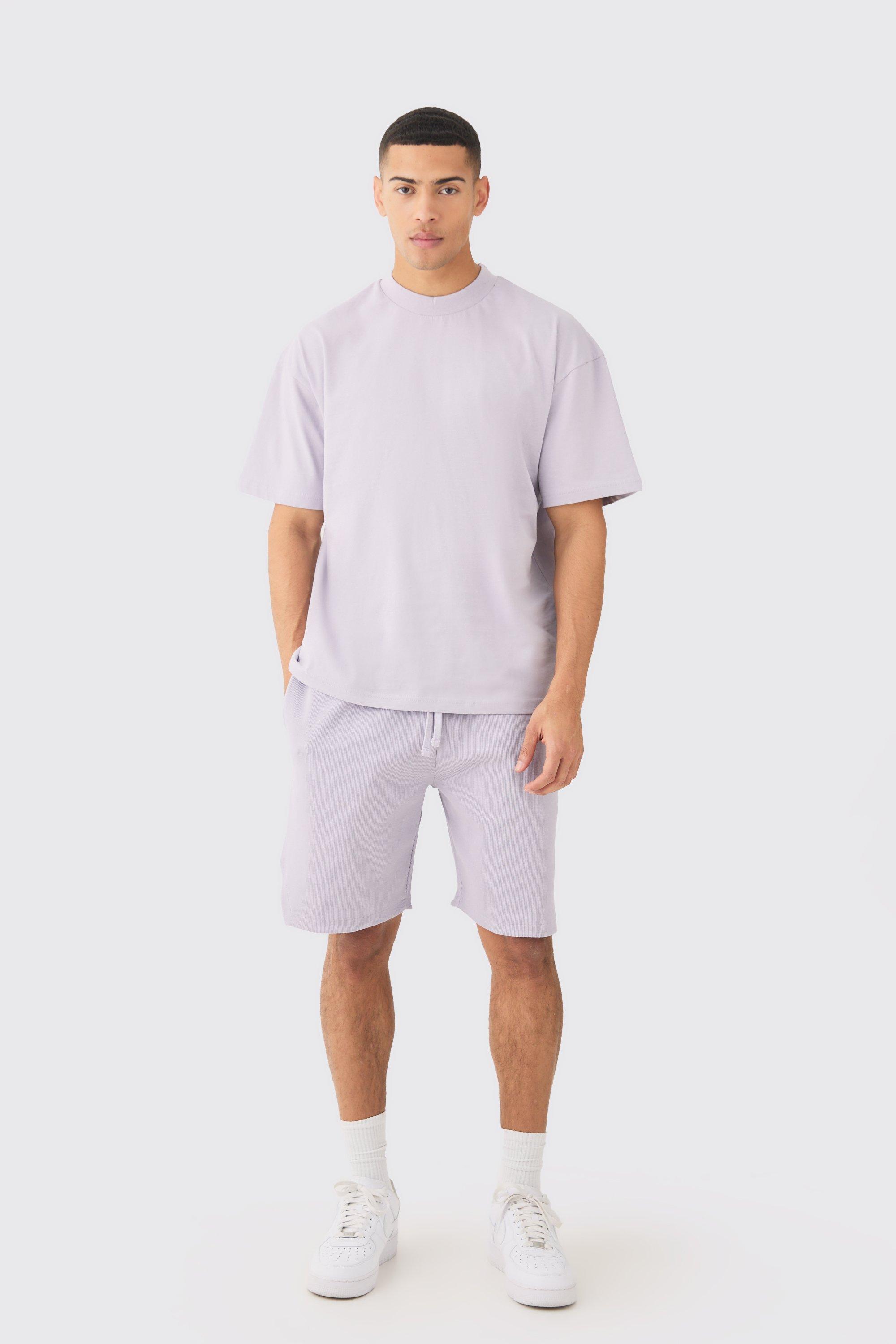 Image of Oversized Heavyweight Tshirt & Ribbed Shorts Set, Purple