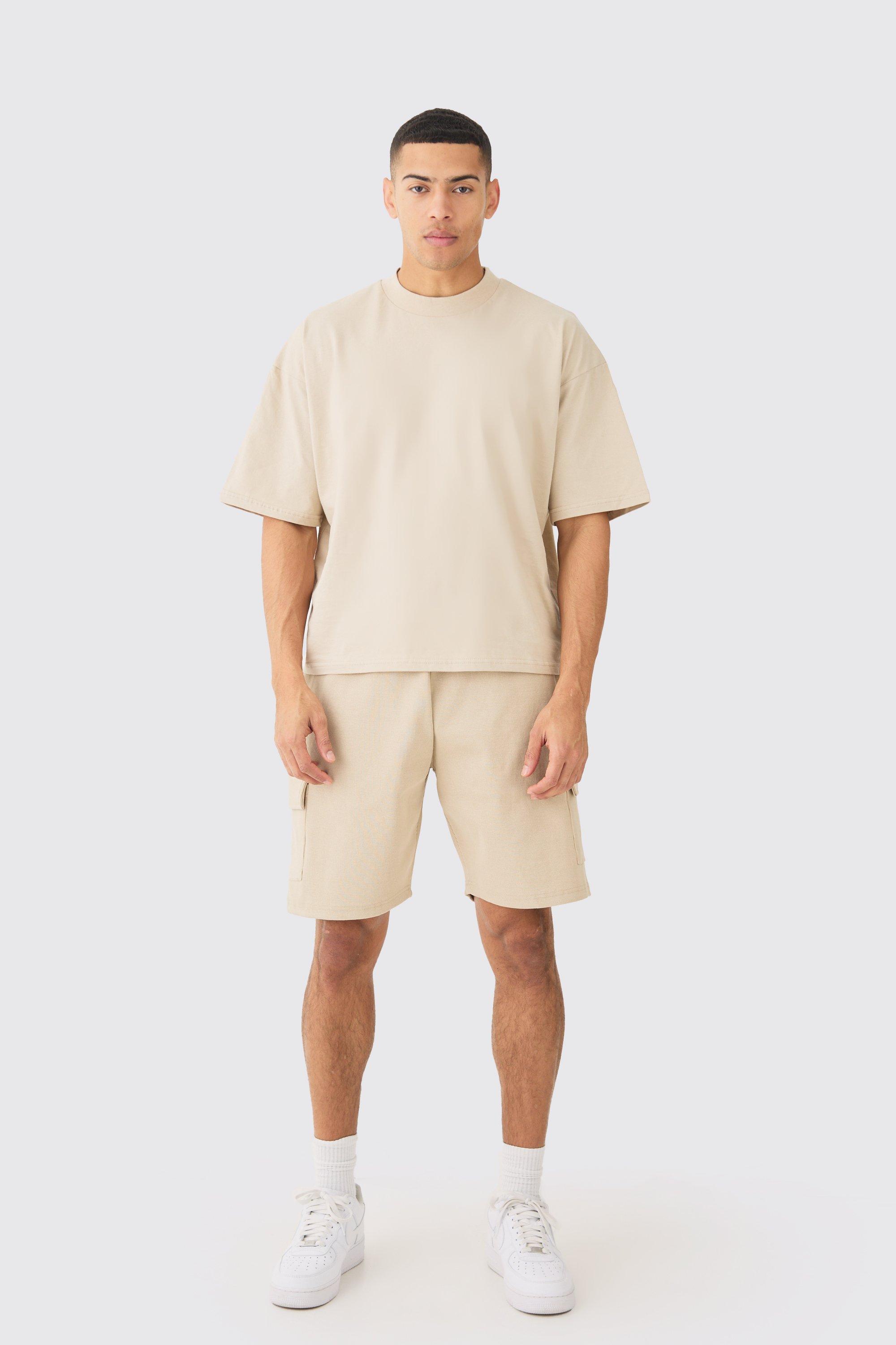 Mens Beige Oversized Boxy Heavyweight T-shirt & Ribbed Cargo Shorts Set, Beige