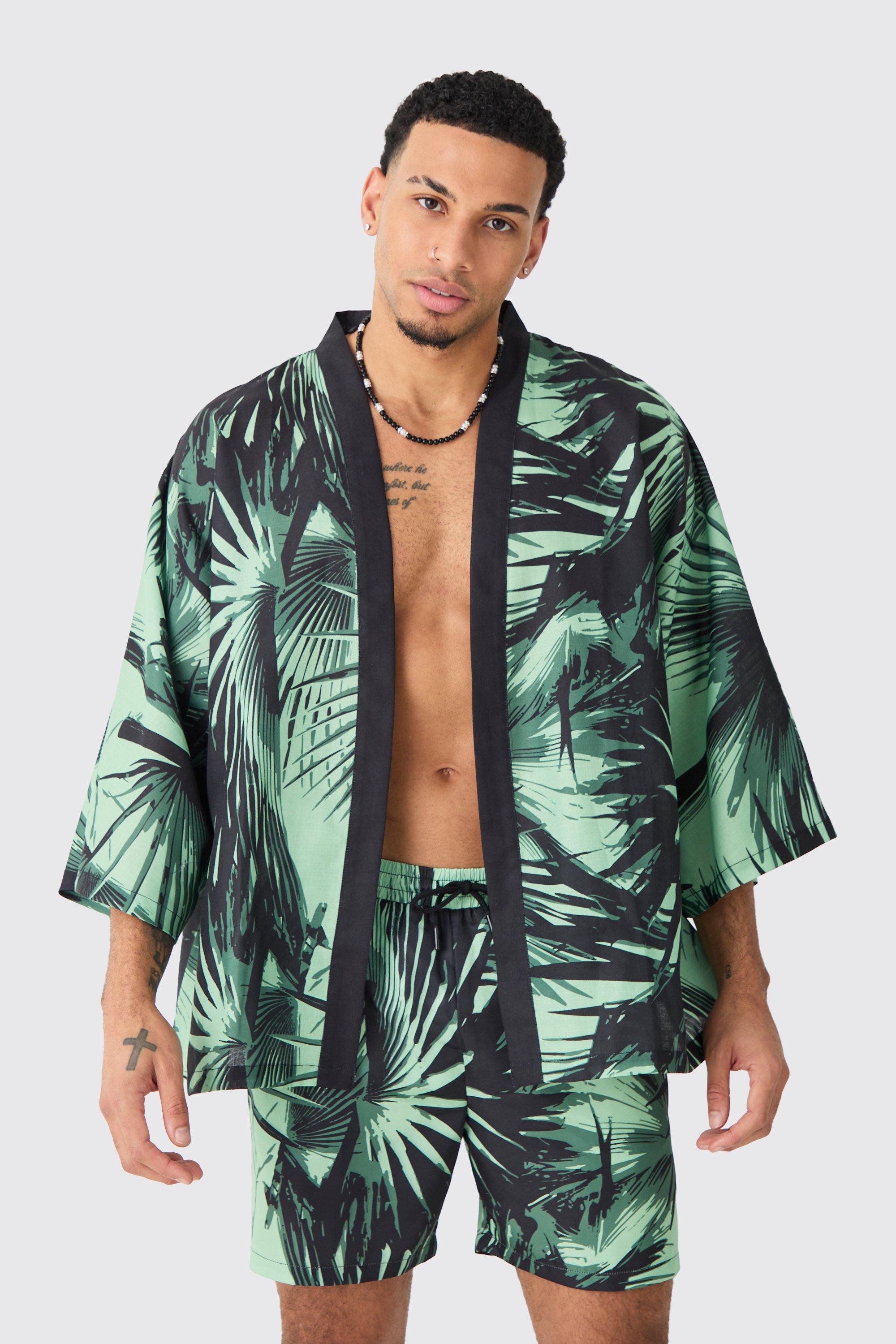 Mens Green Oversized Printed Kimono Shirt And Swim Short Set, Green