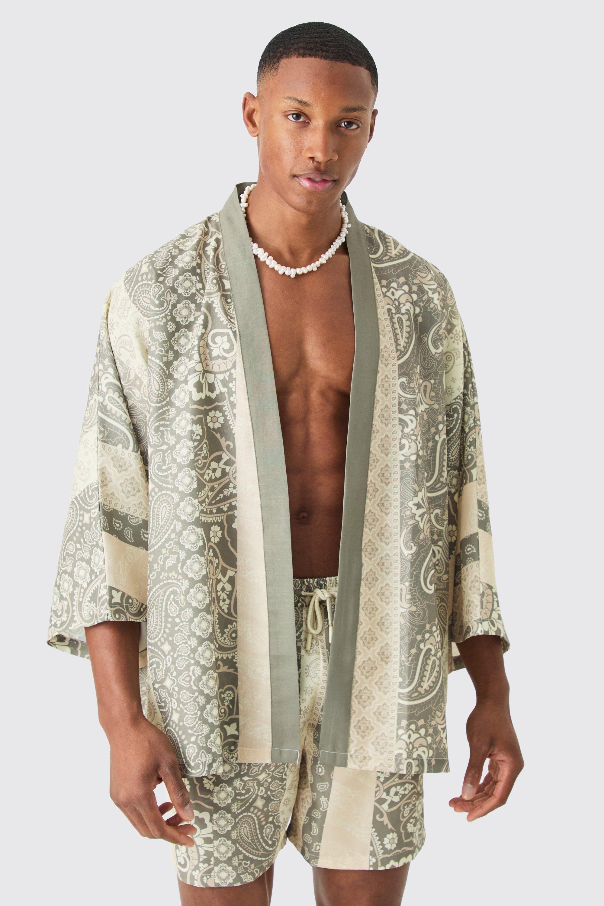 Mens Grey Oversized Printed Kimono Shirt And Swim Short Set, Grey