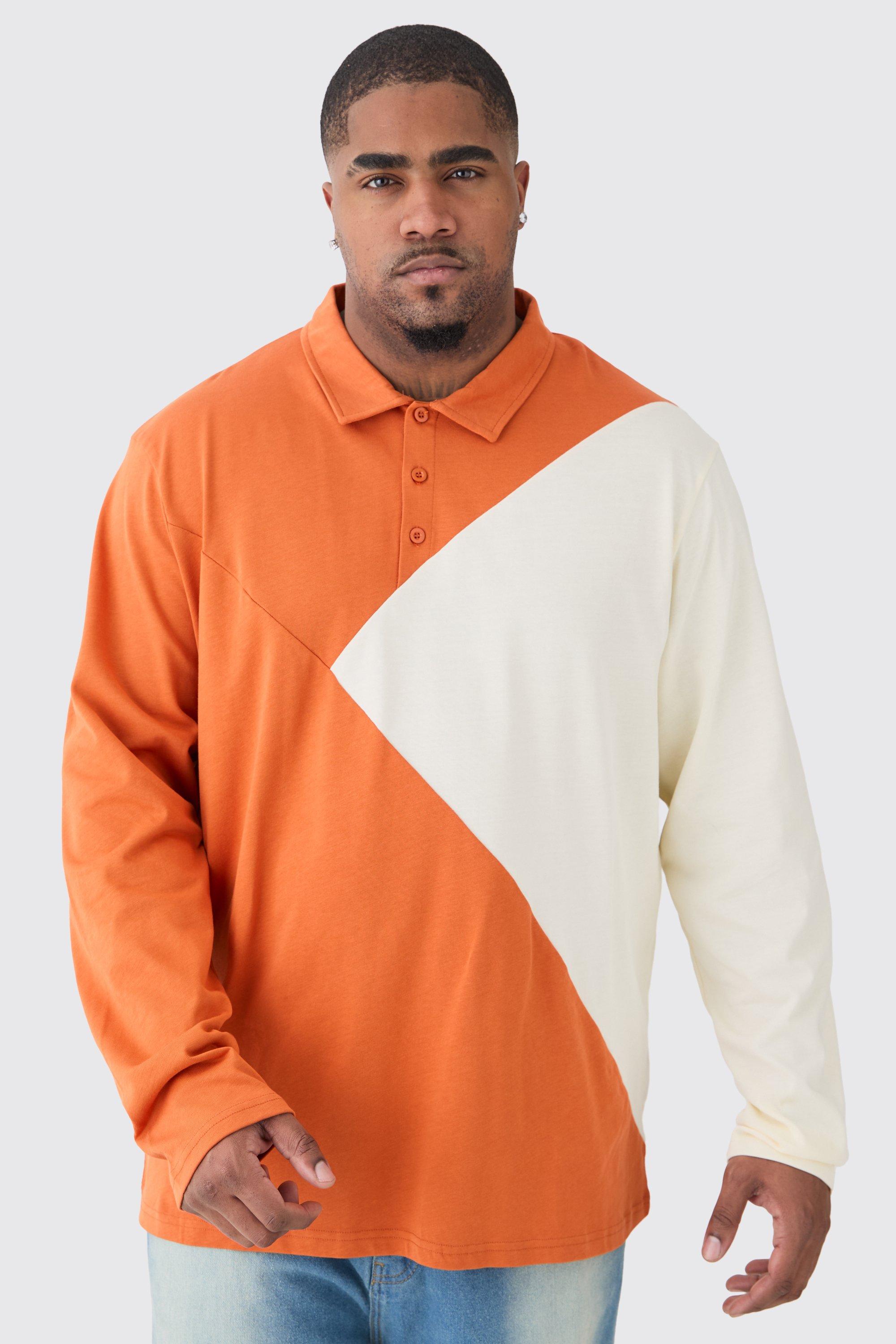 Image of Polo Plus Size a maniche lunghe a blocchi di colore, Arancio