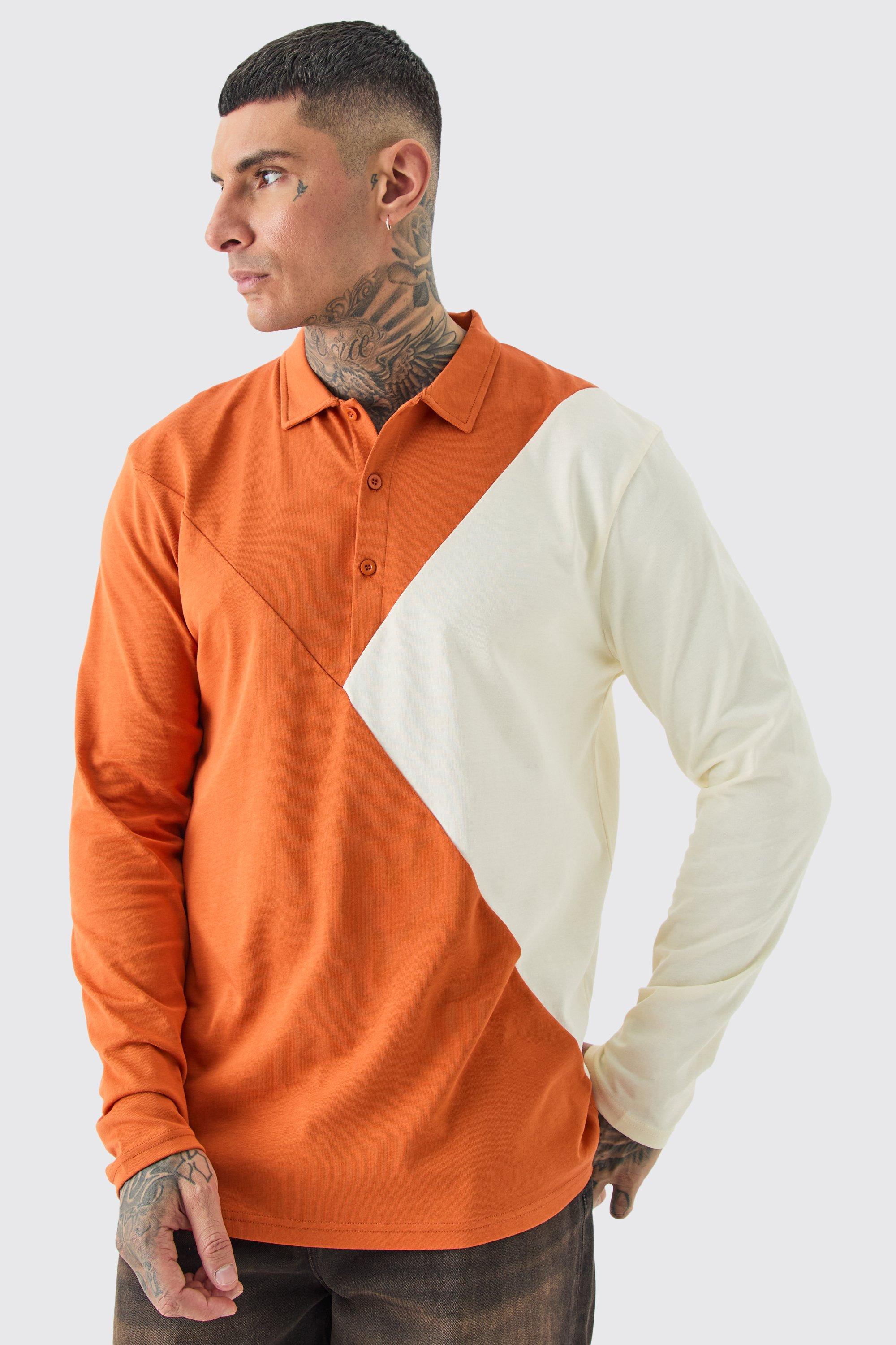 Image of Polo Tall a maniche lunghe a blocchi di colore, Arancio