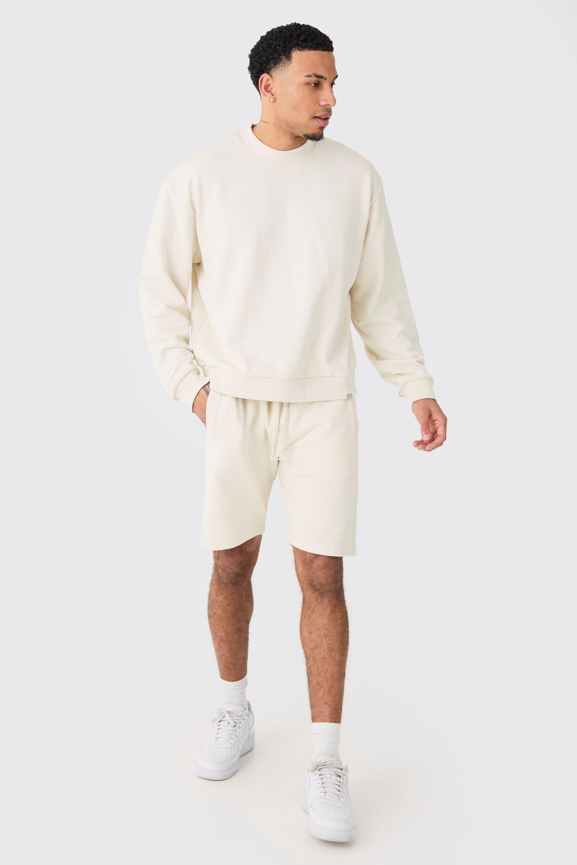 Image of Oversized Extended Neck Heavy Sweatshirt Short Tracksuit, Cream