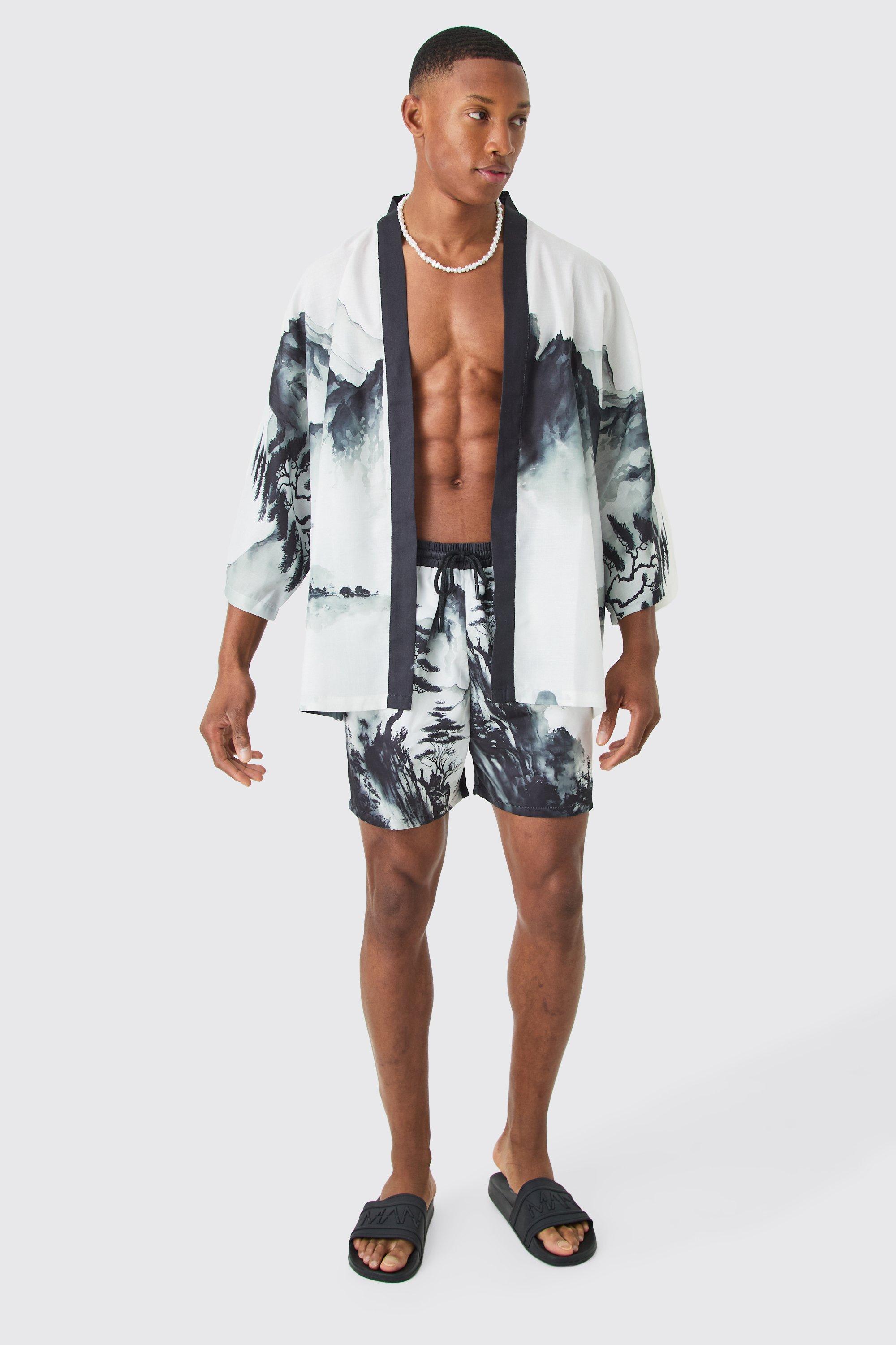 Mens Black Oversized Printed Kimono Shirt And Swim Short Set, Black