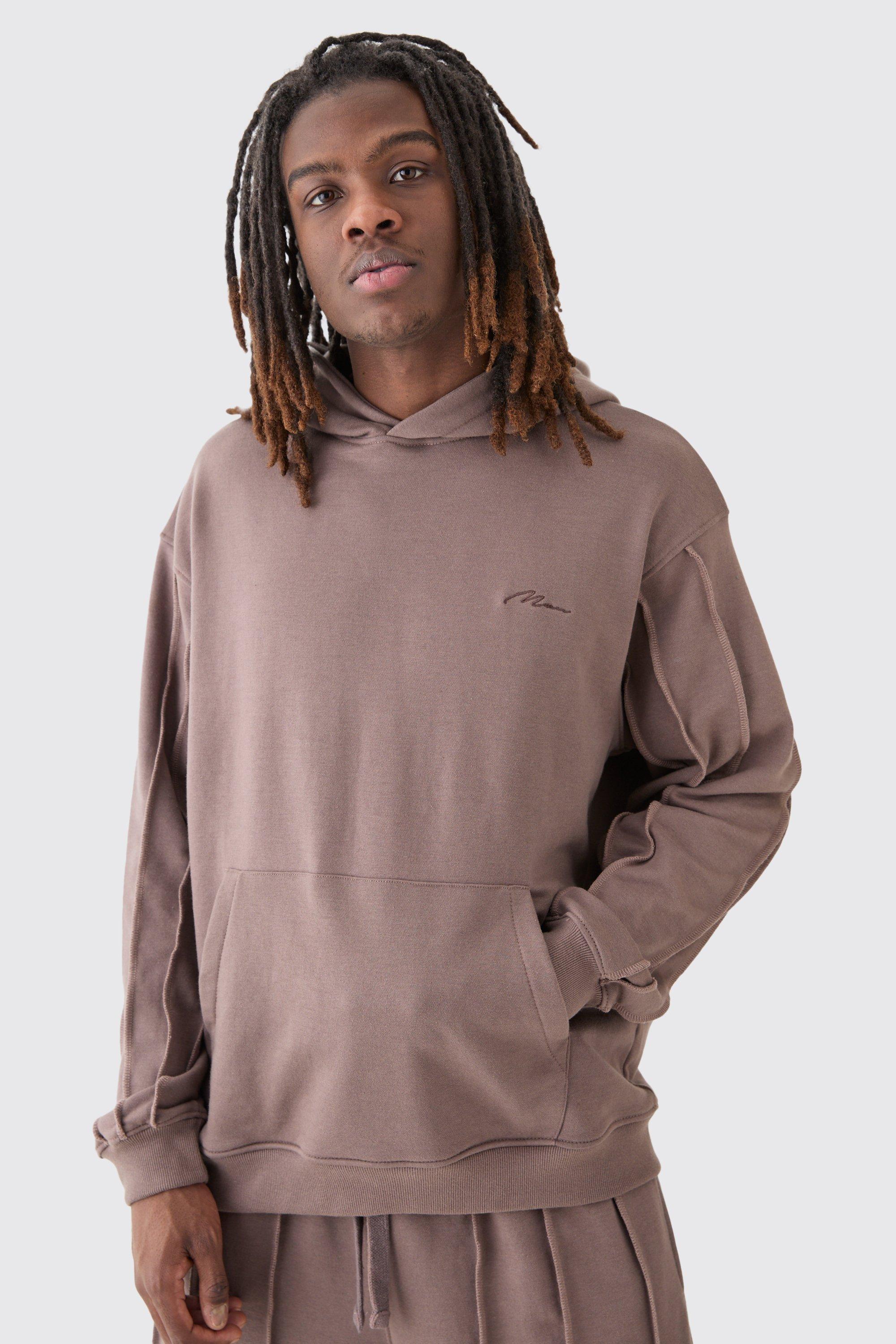 Image of Oversized Raw Seam Man Signature Embroidered Hoodie, Beige