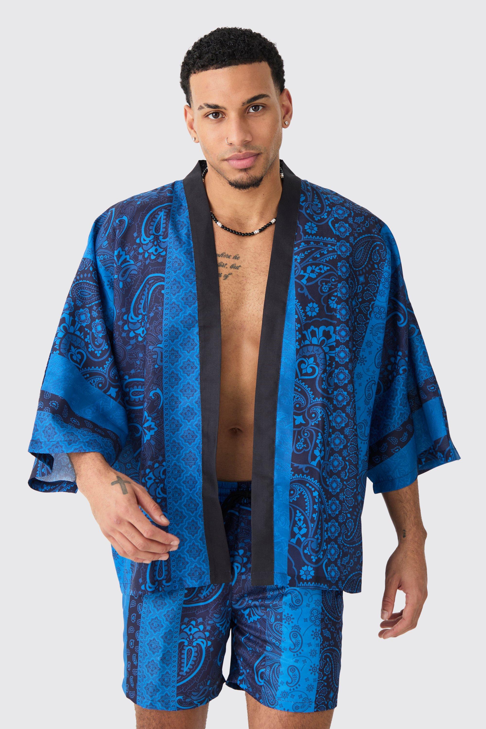Image of Oversized Printed Kimono Shirt And Swim Short Set, Azzurro