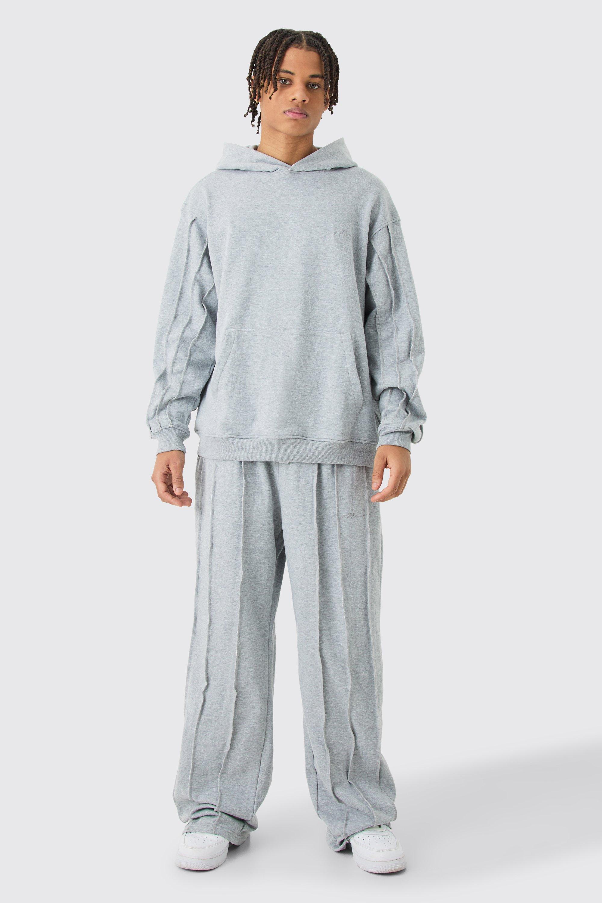 Image of Oversized Raw Seam Man Sig Embroidered Hooded Tracksuit, Grigio