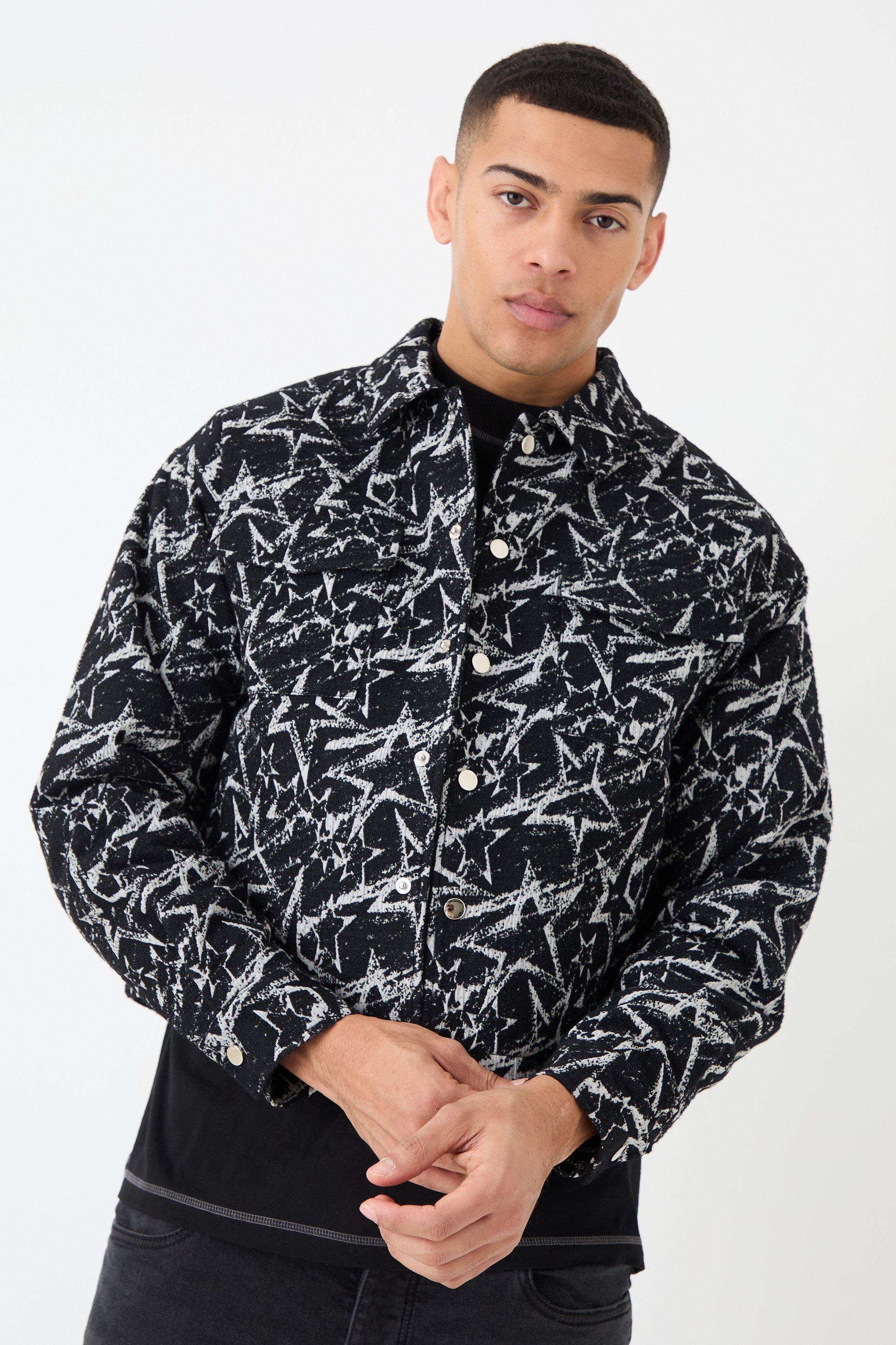 Mens Black Abstract Patterned Boxy Jacket, Black