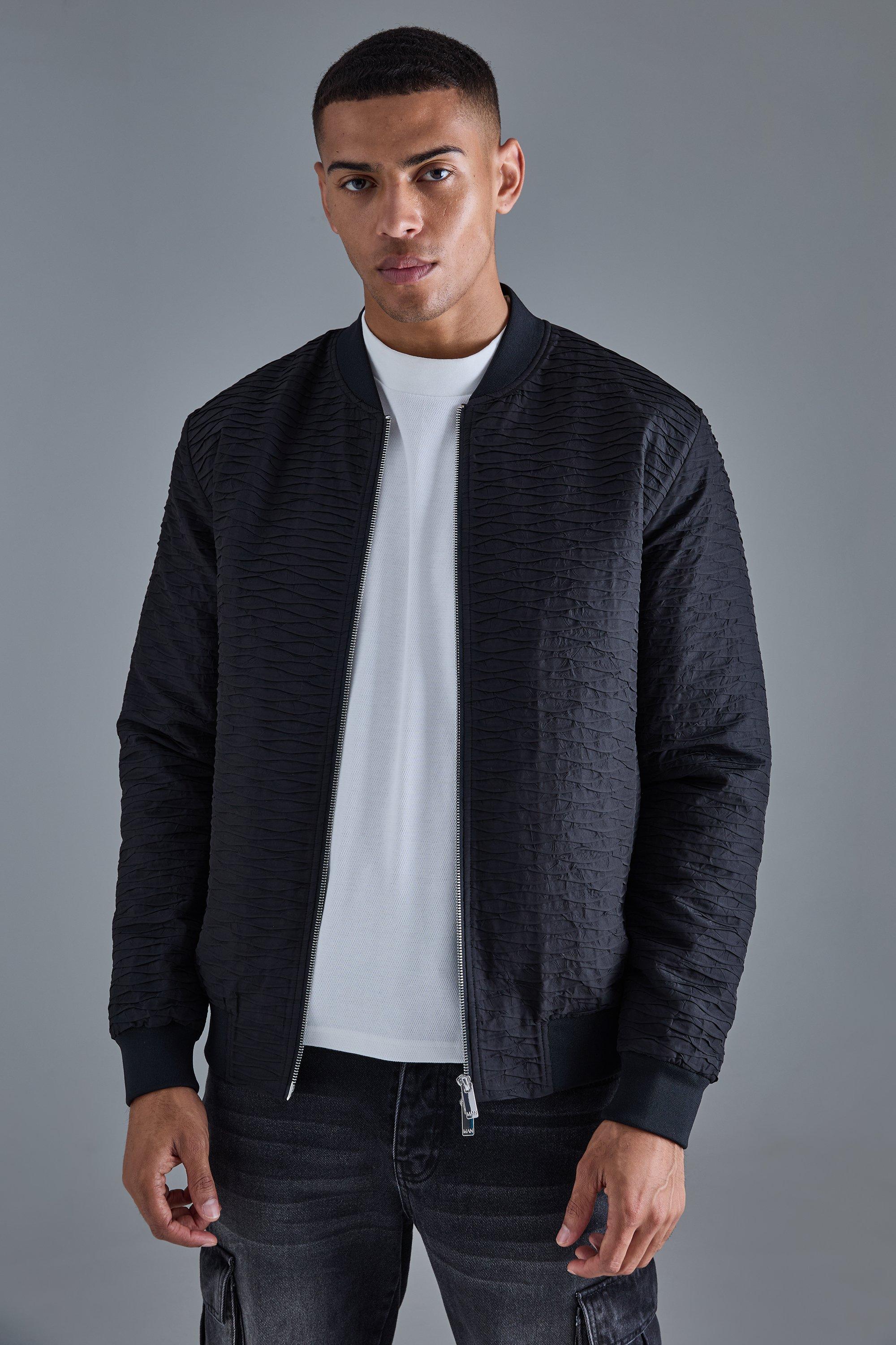 Mens Black Ruched Effect Bomber Jacket, Black