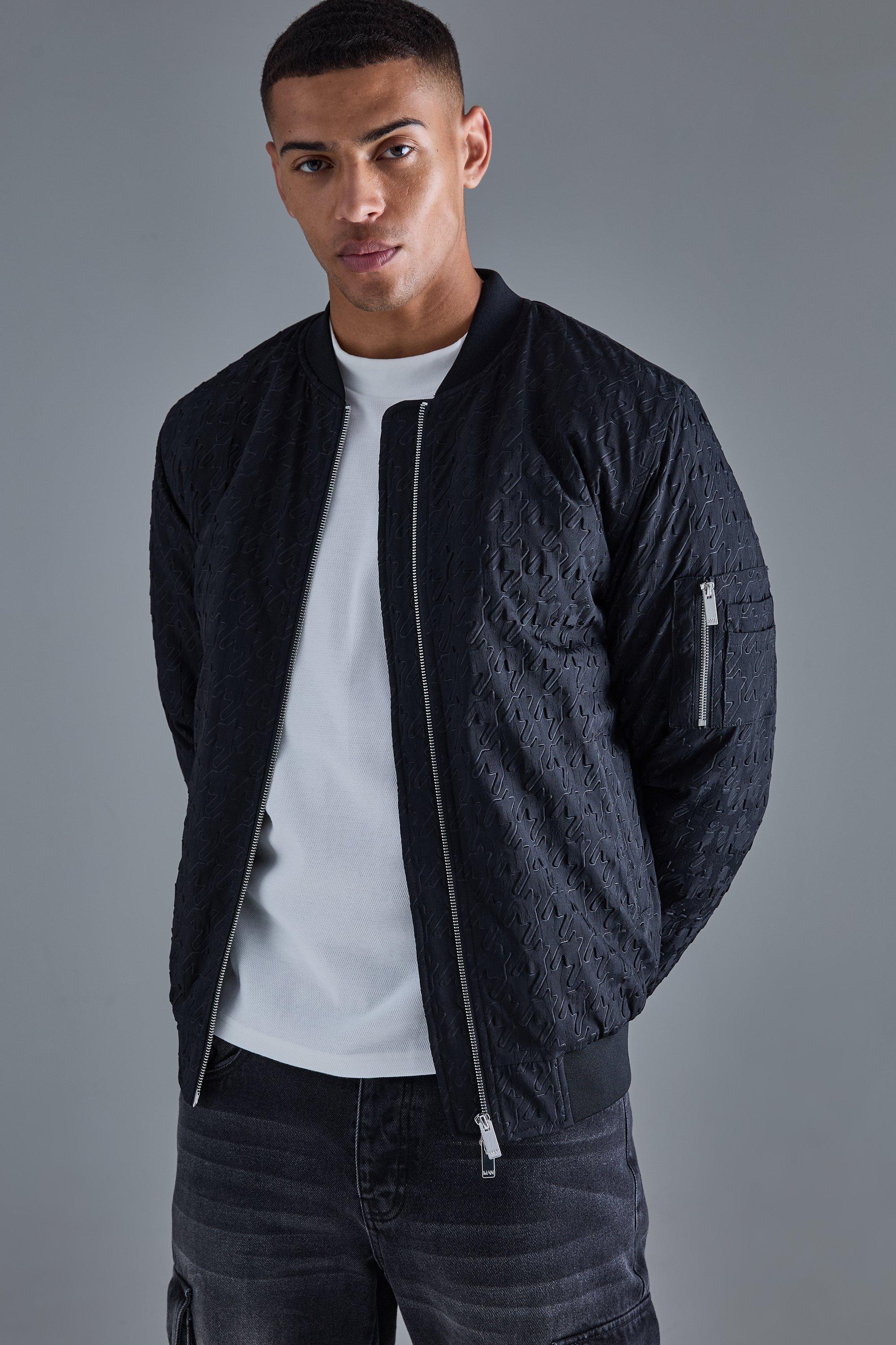 Mens Black Embossed Dogtooth Bomber Jacket, Black