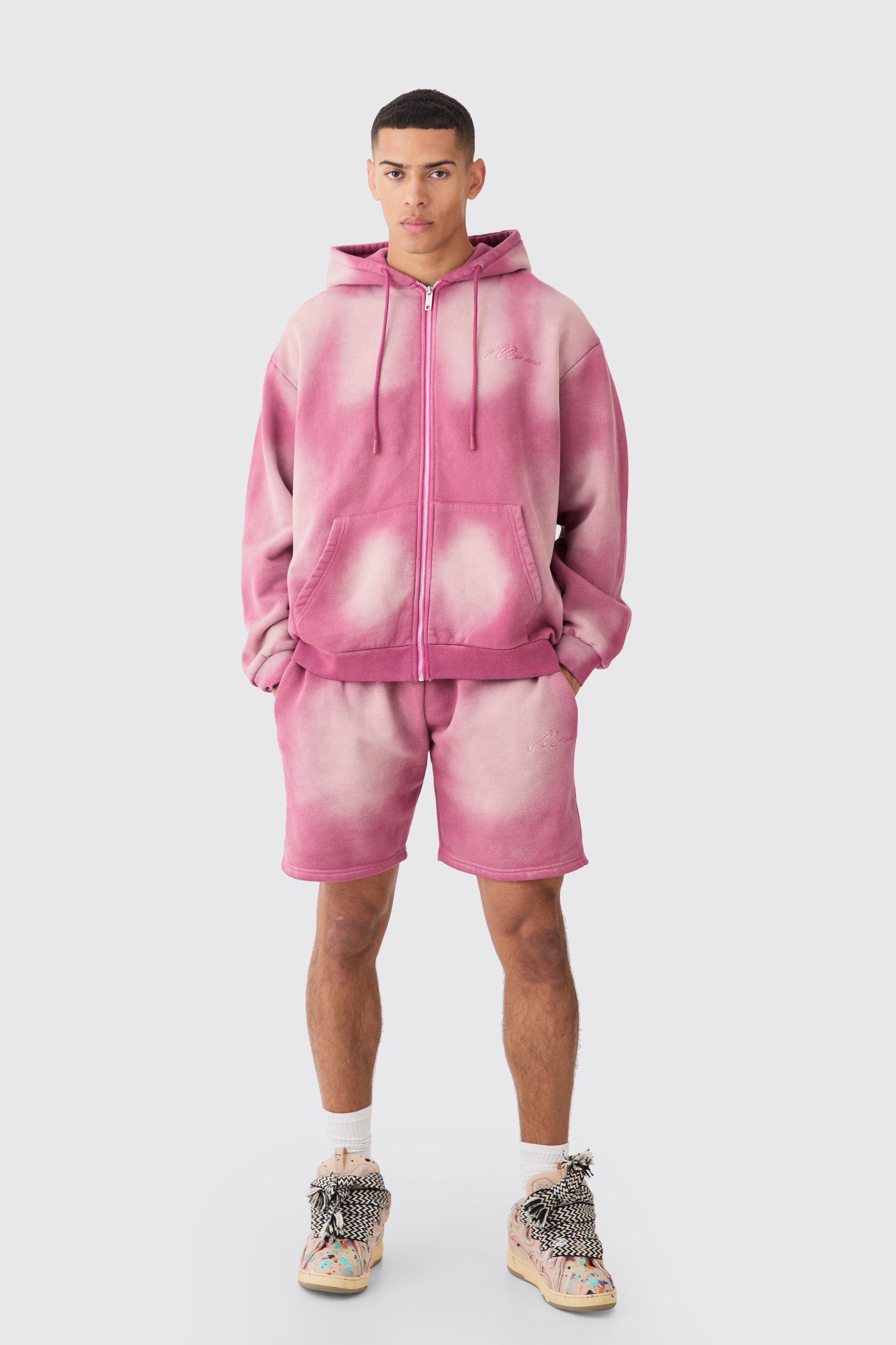 Image of Man Oversized Sun Bleach Zip Through Hooded Short Tracksuit, Pink