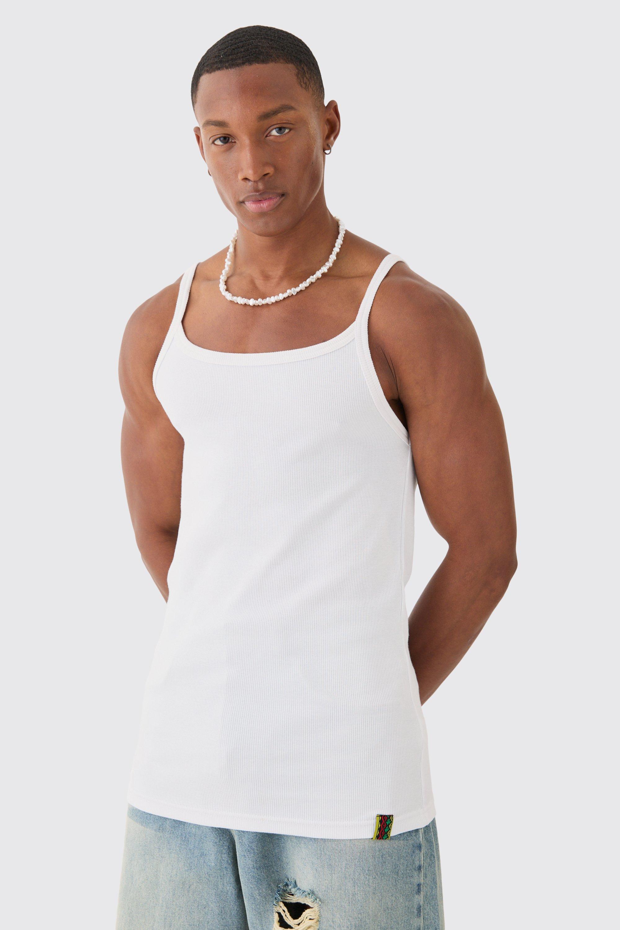 Mens White Slim Squared Neck Ribbed Vest, White