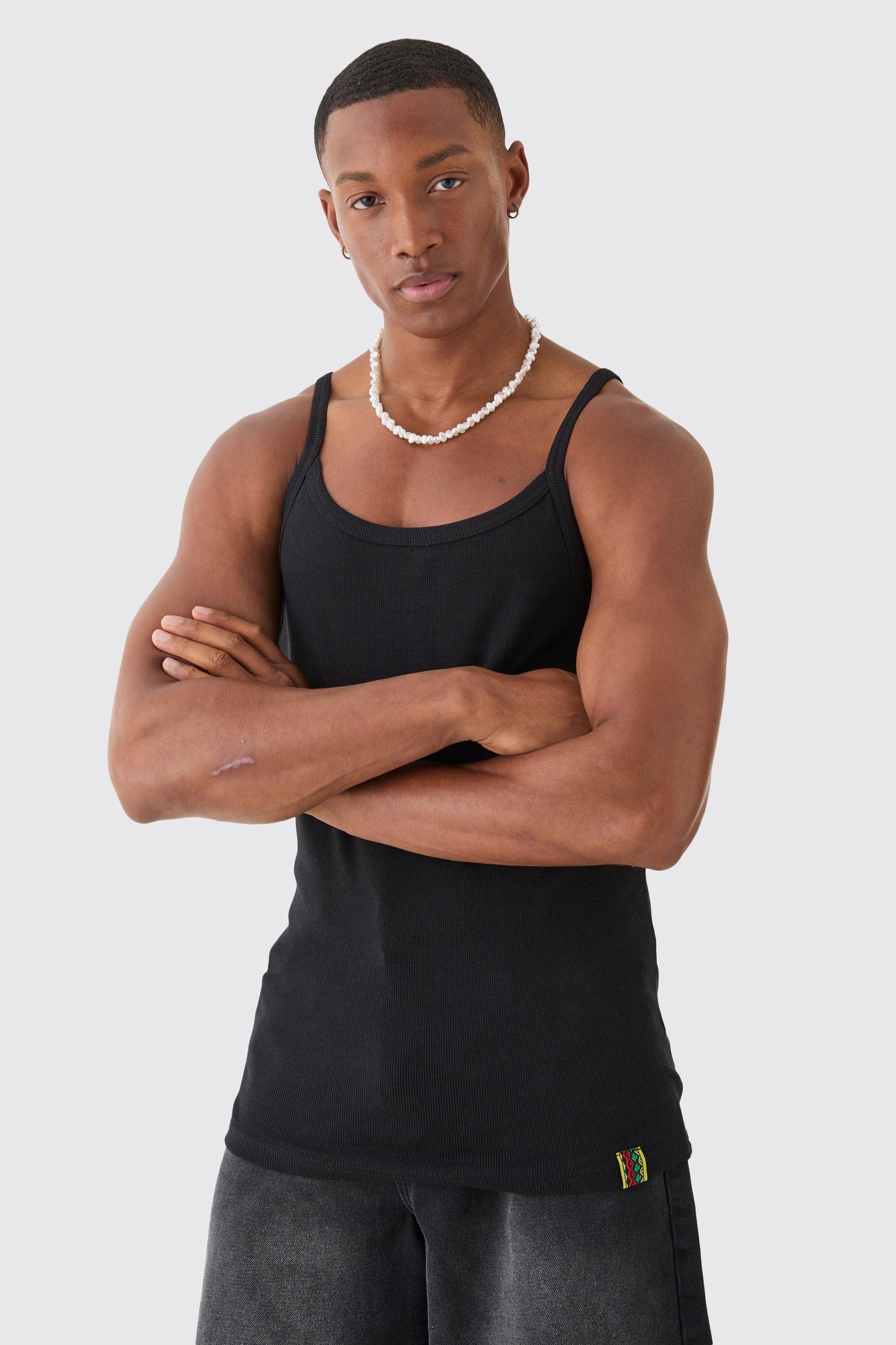 Mens Black Slim Squared Neck Ribbed Vest, Black