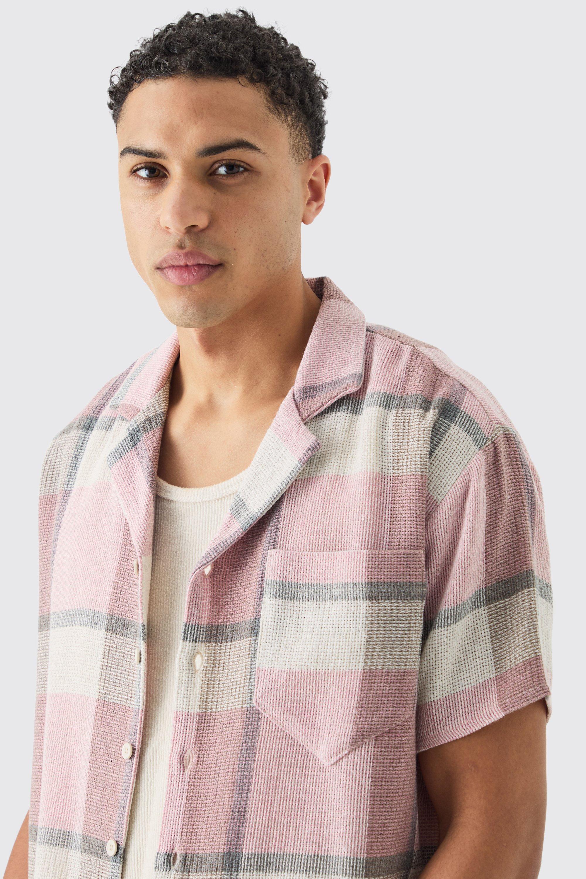 Mens Pink Oversized Textured Check Shirt, Pink