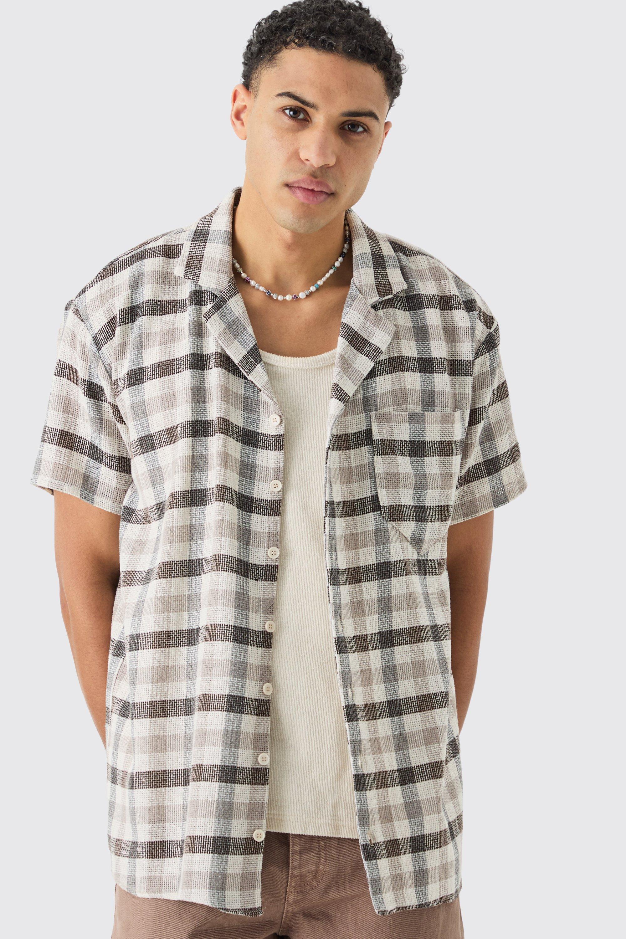 Mens Brown Oversized Mini Textured Check Shirt, Brown