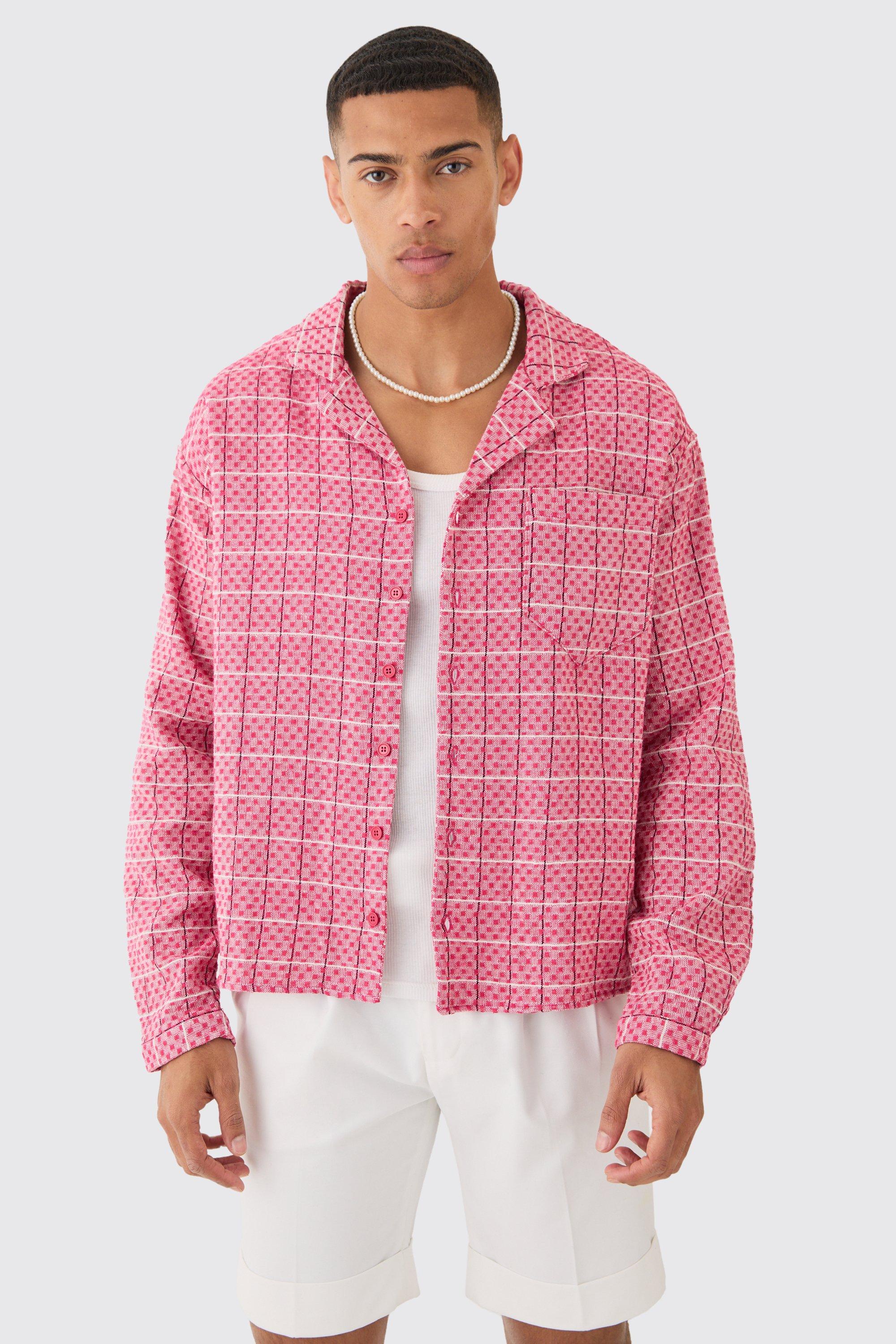 Image of Camicia squadrata a maniche lunghe a quadri con trama e griglia, Pink
