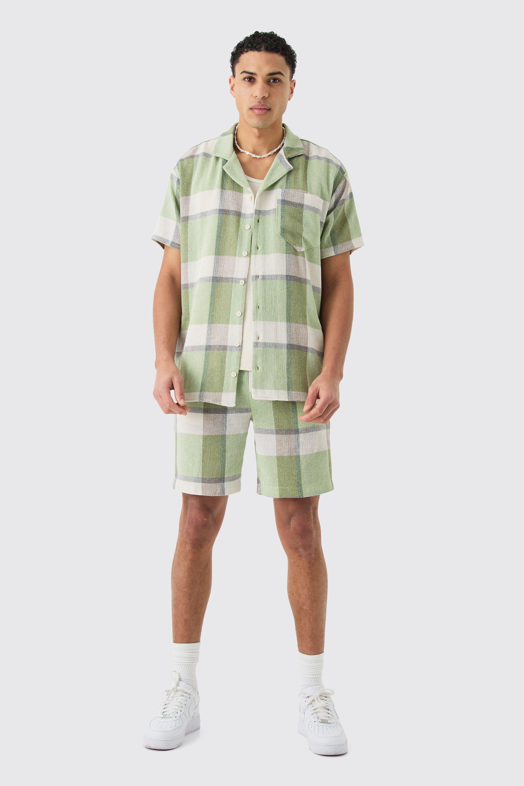 Mens Green Oversized Textured Check Shirt And Short, Green