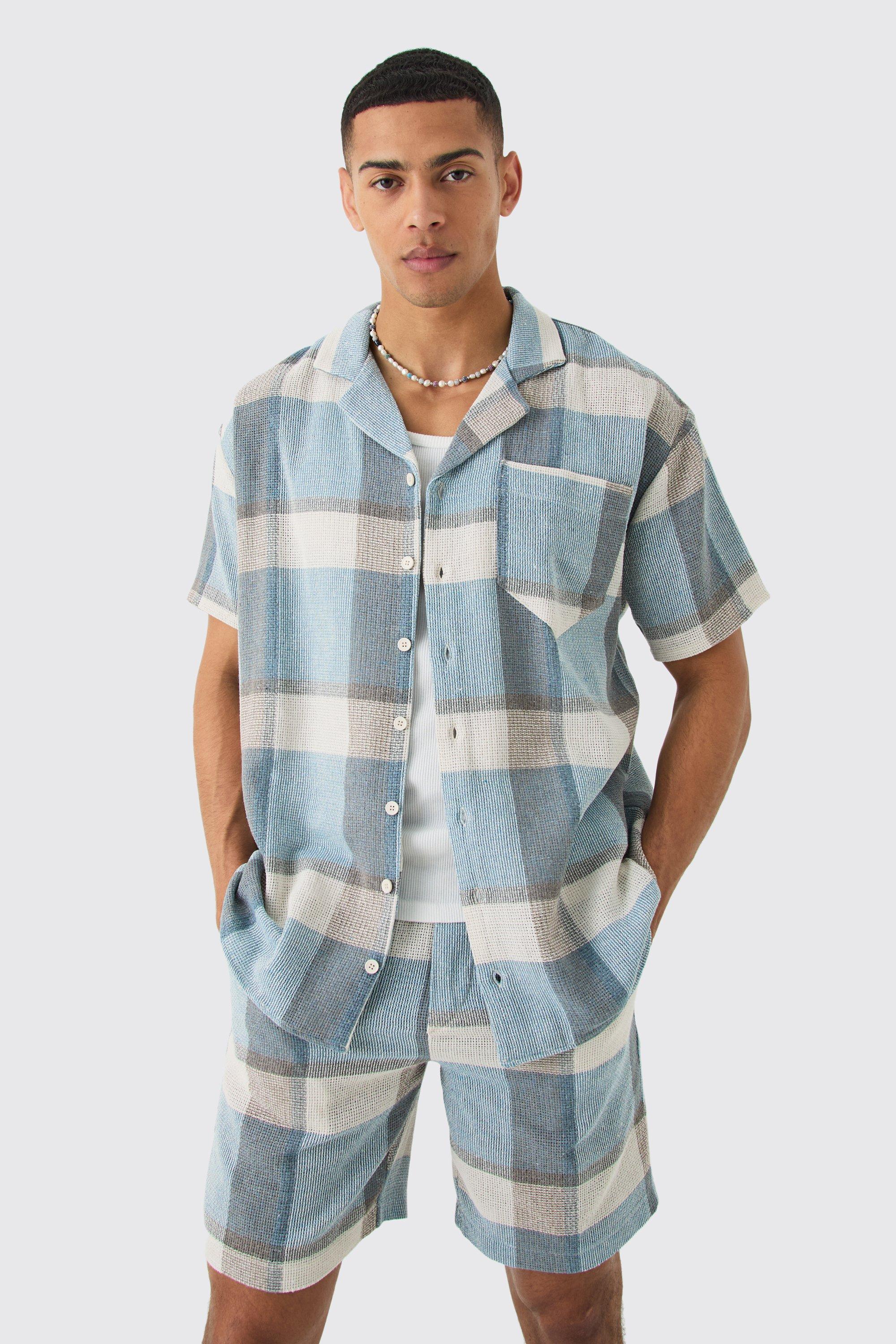 Mens Blue Oversized Textured Check Shirt And Short, Blue