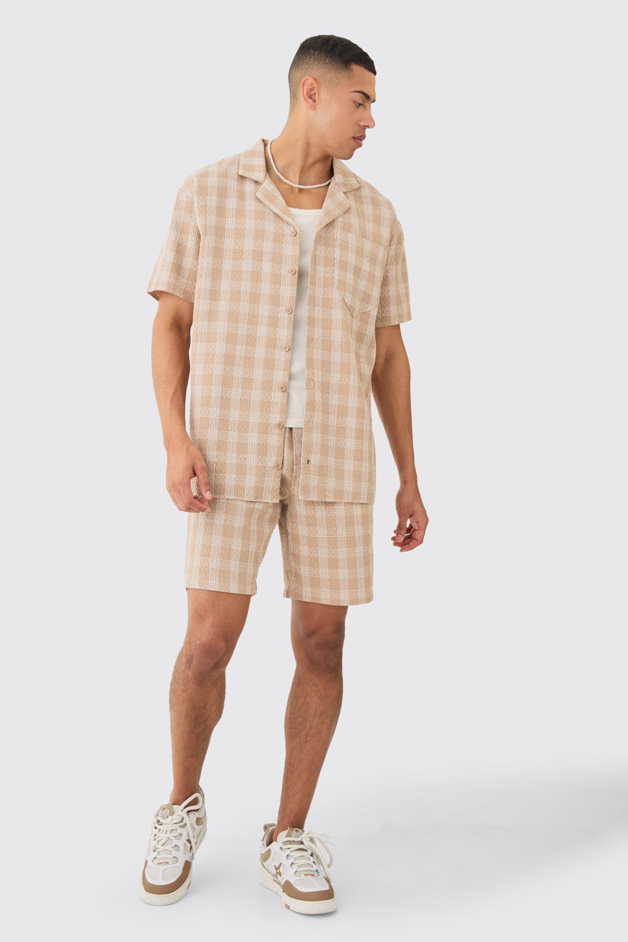 Mens Beige Oversized Textured Contrast Check Shirt And Short, Beige