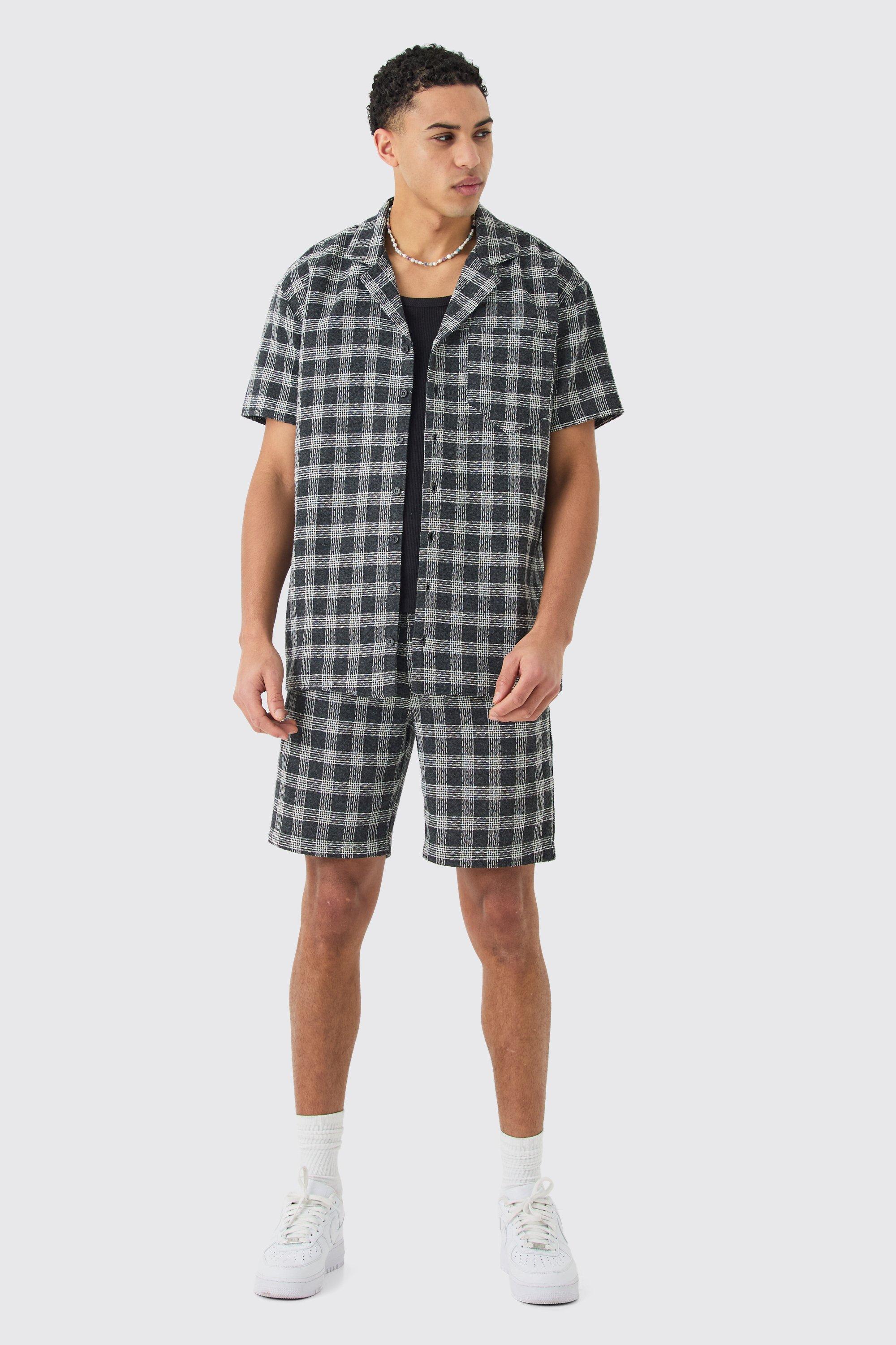 Mens Black Oversized Textured Contrast Check Shirt And Short, Black
