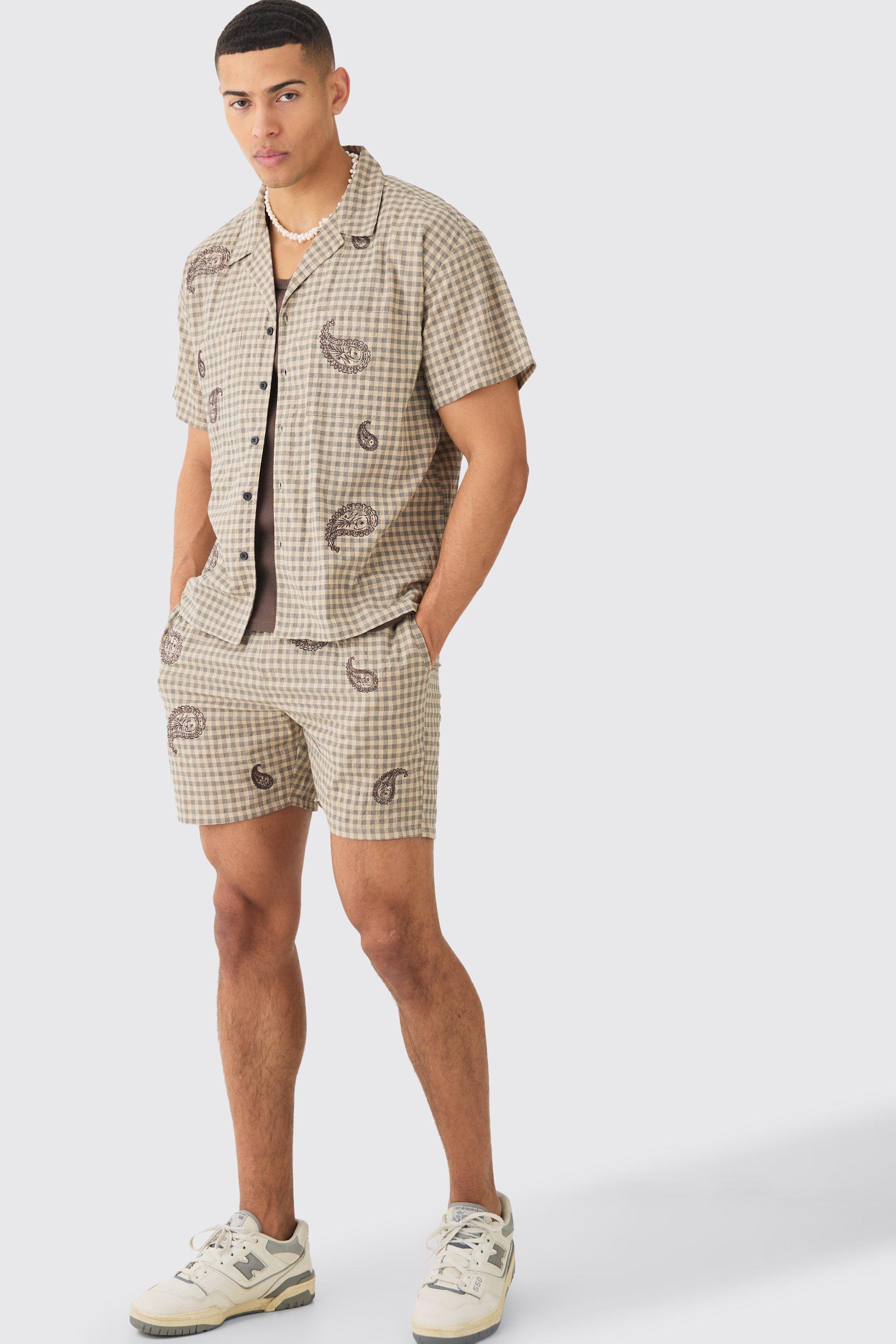 Mens Beige Boxy Check Paisley Embroidered Shirt And Short, Beige