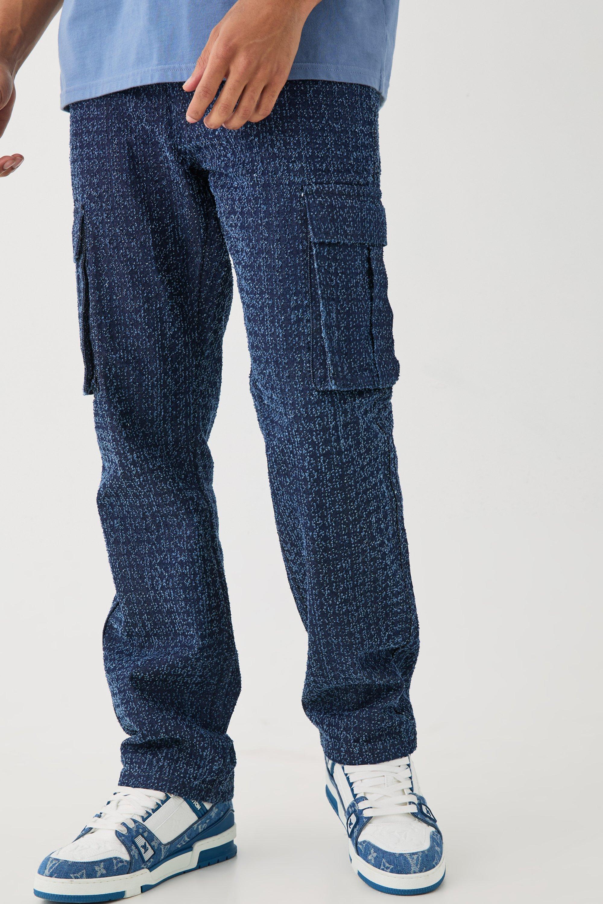 Image of Jeans Cargo rilassati in denim rigido effetto smagliato, Azzurro