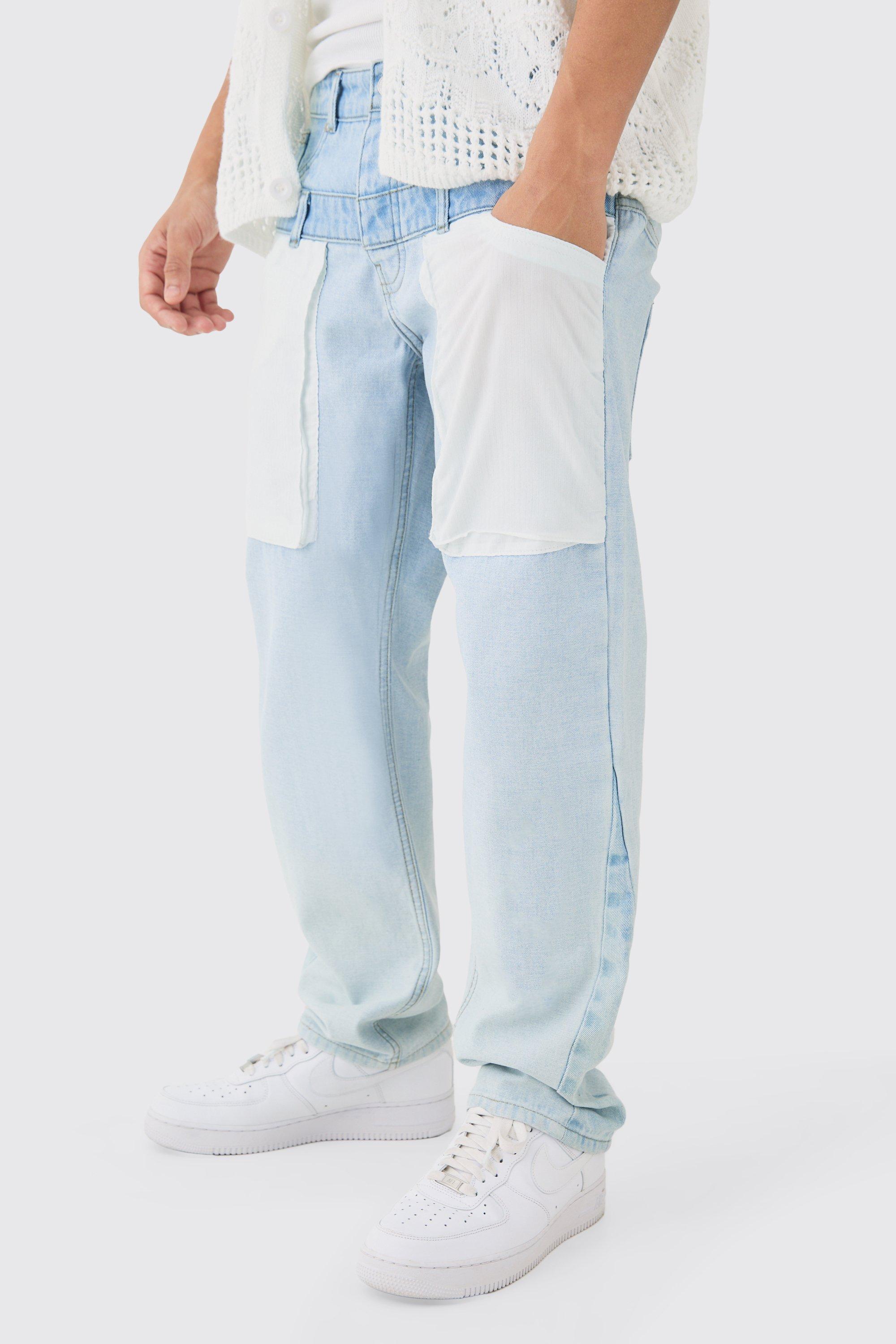 Image of Relaxed Rigid Double Waistband Reverse Cut & Sew Denim Jean, Azzurro