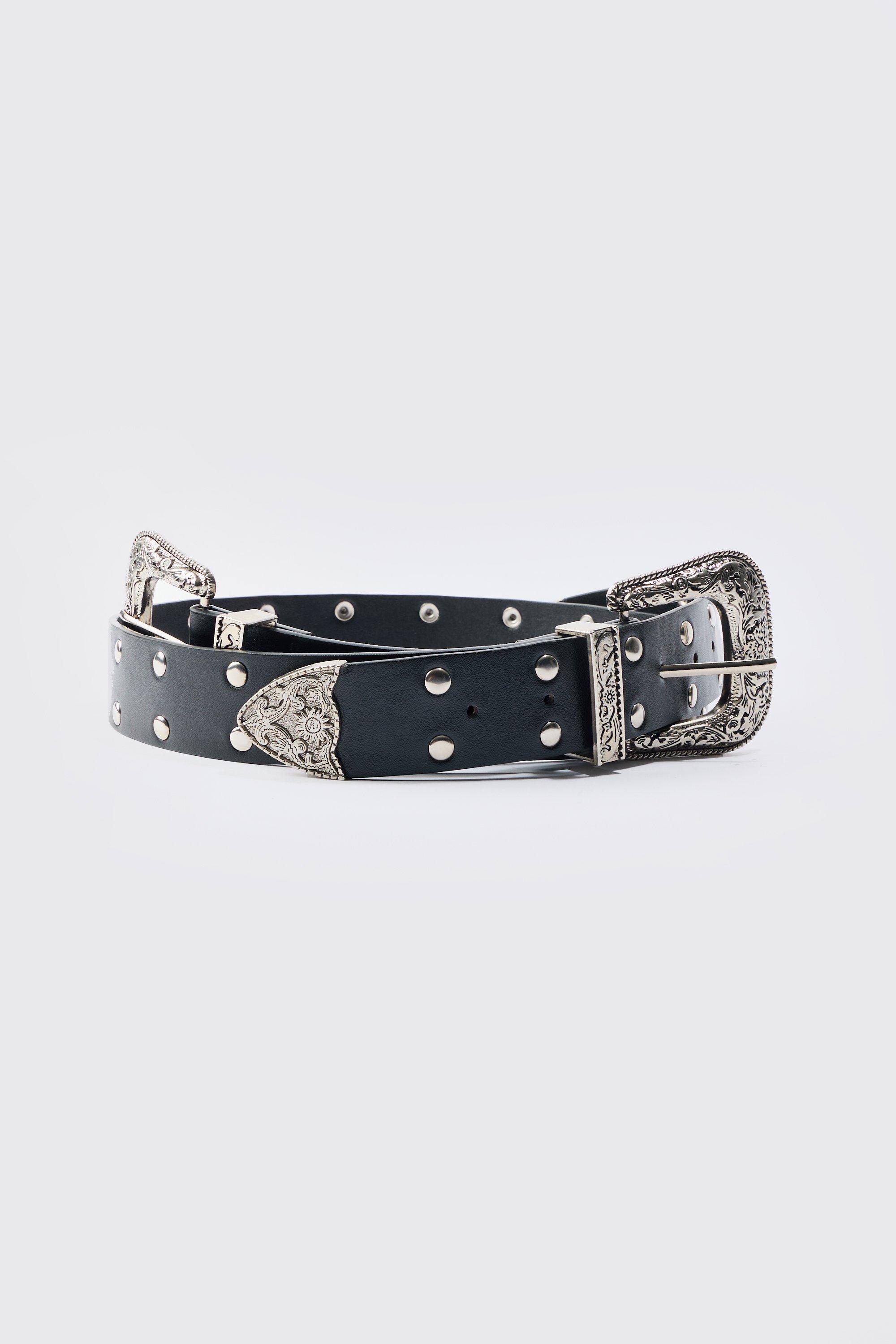 Mens Double Buckle Studded Belt In Black, Black