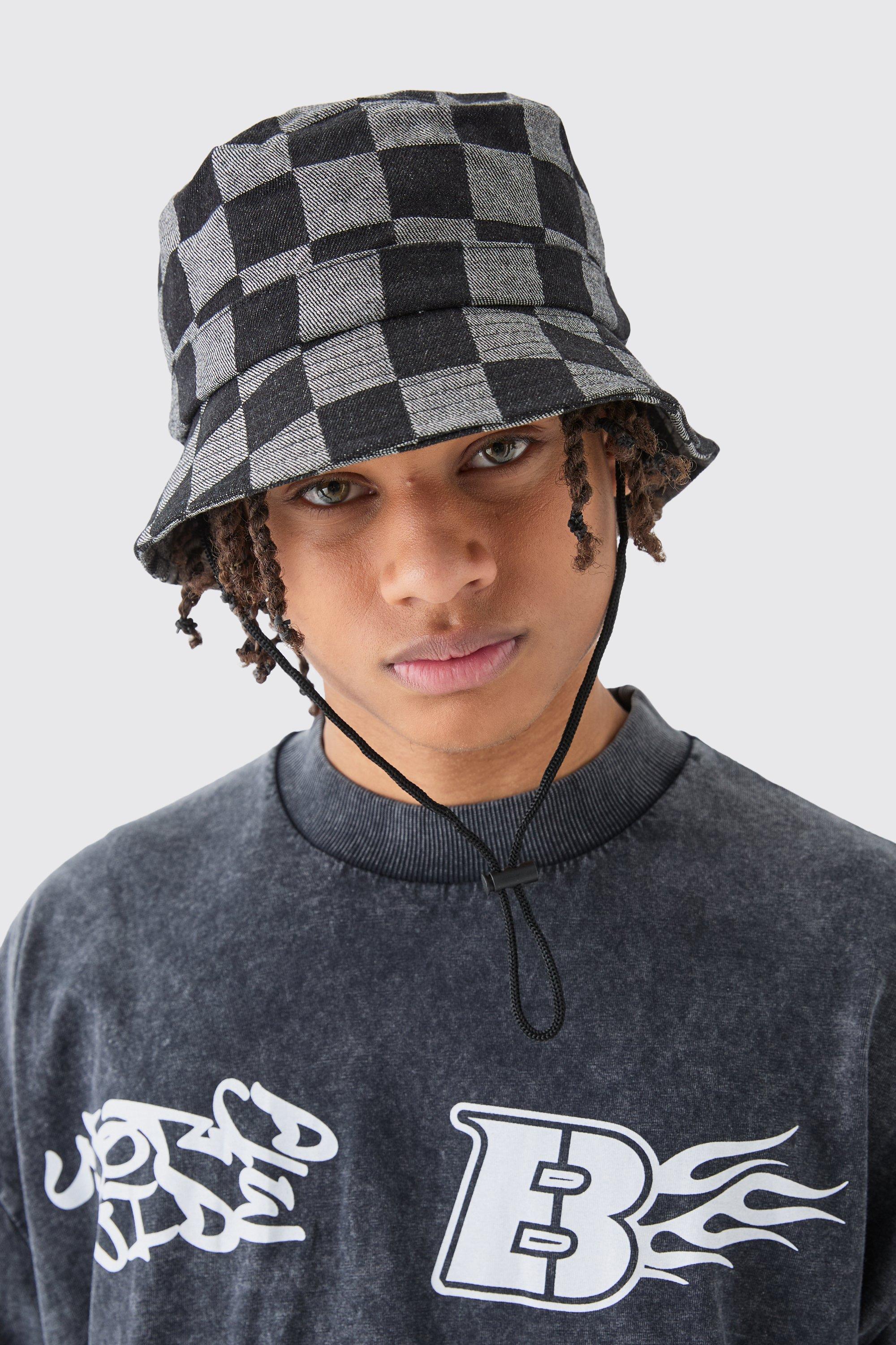 Mens Checkerboard Bucket Hat In Black, Black