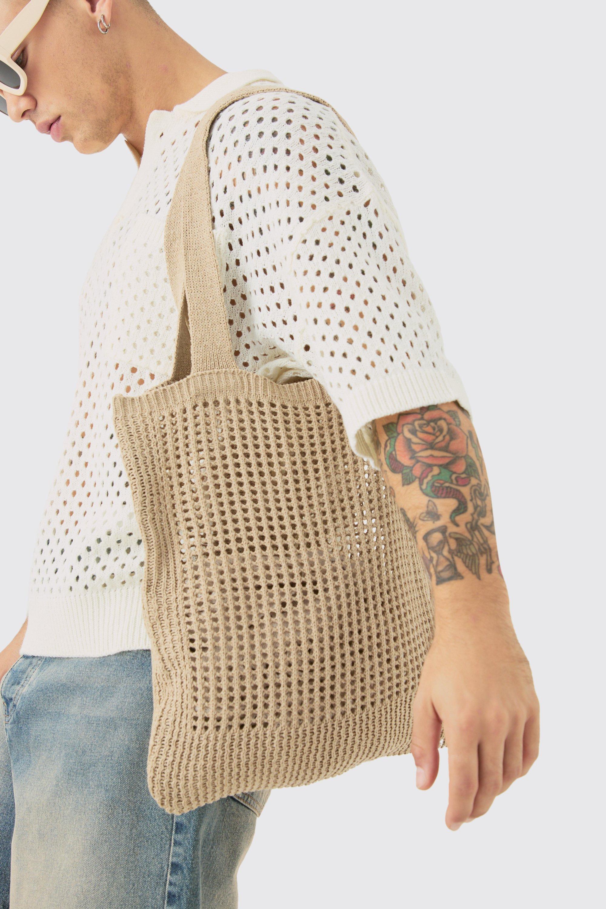 Mens Beige Crochet Tote Bag In Stone, Beige