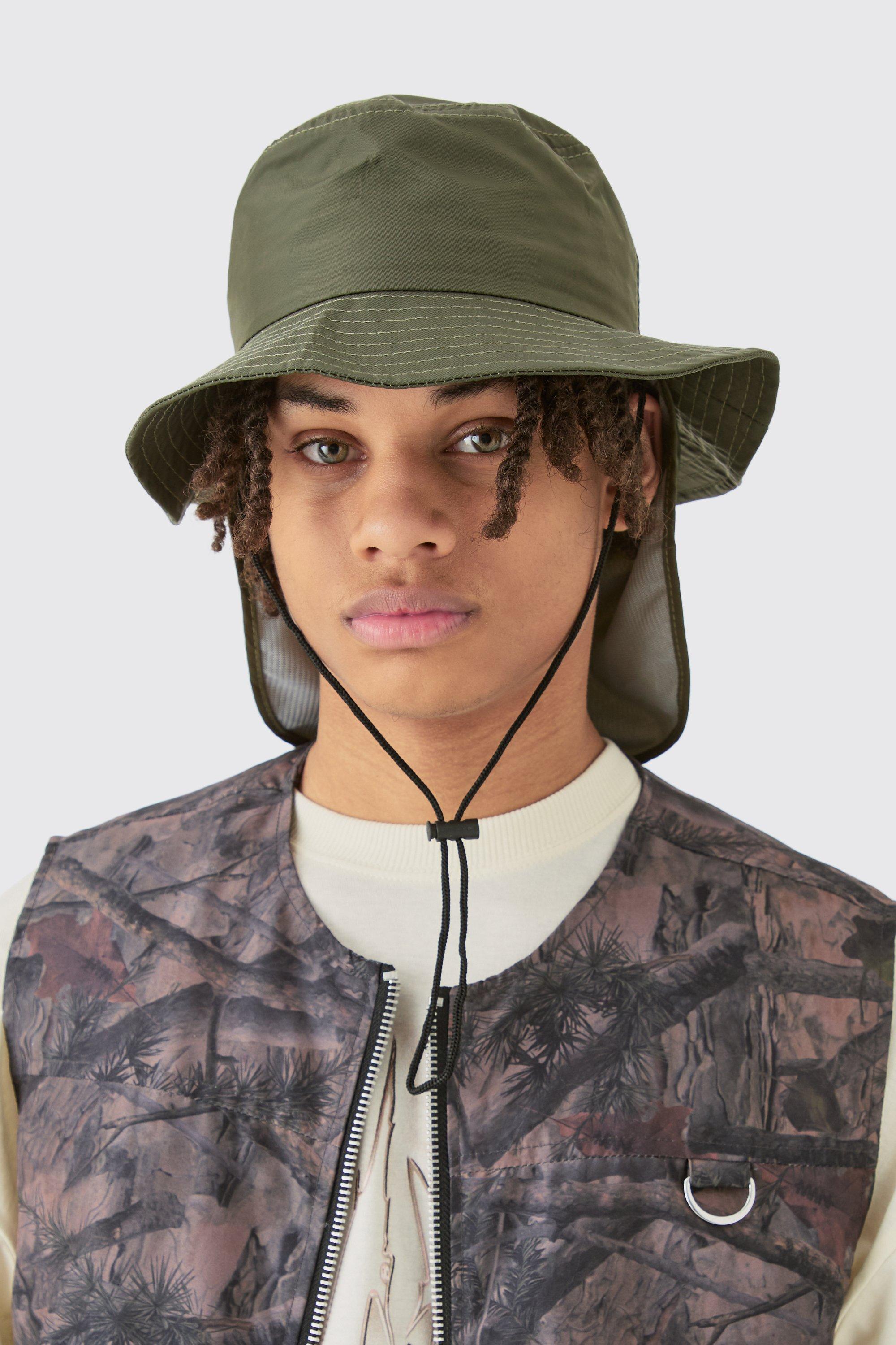 Mens Green Nylon Neck Flap Boonie Hat In Khaki, Green