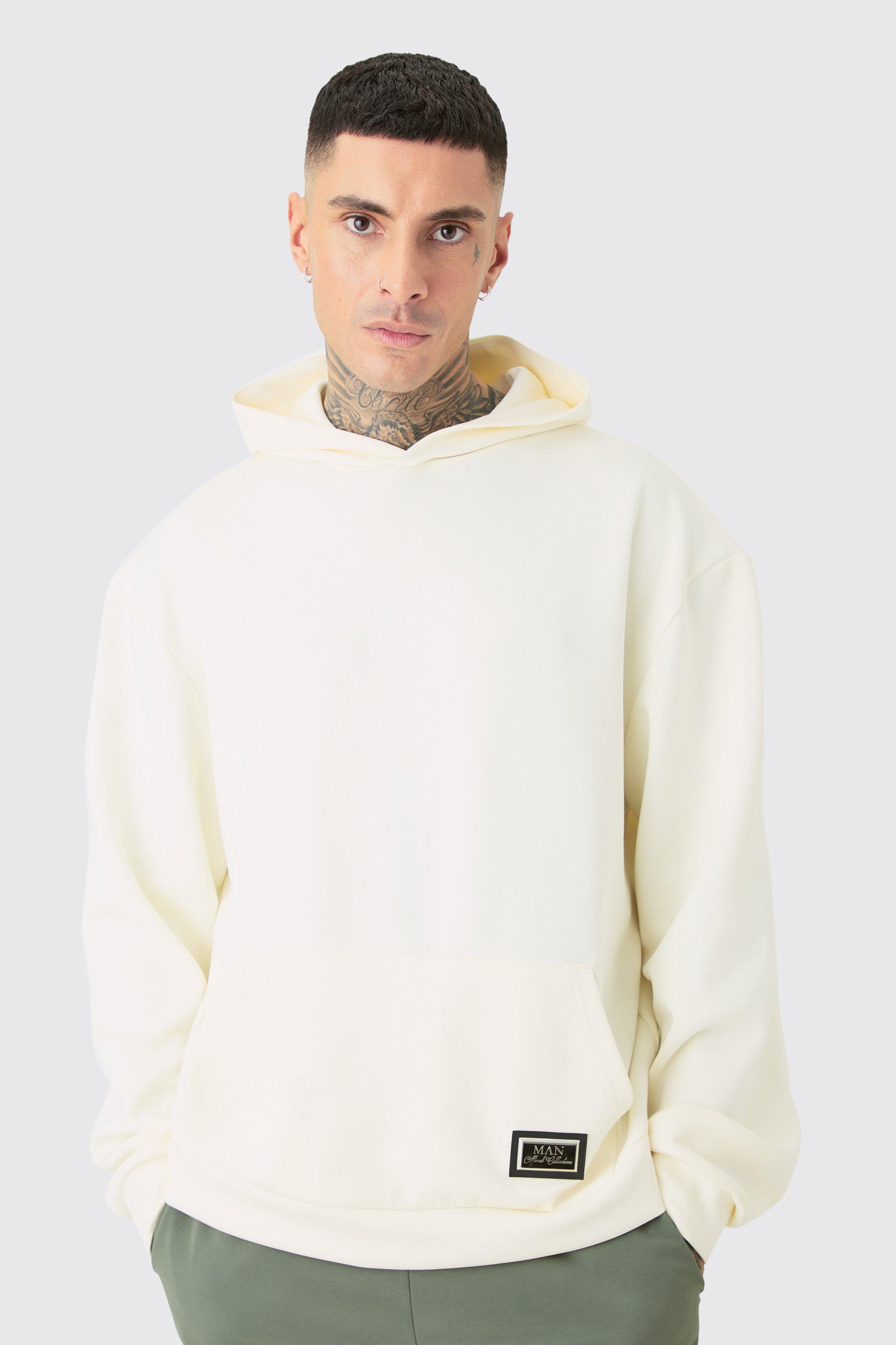 Mens Cream Tall Oversized Boxy Scuba Hoodie, Cream