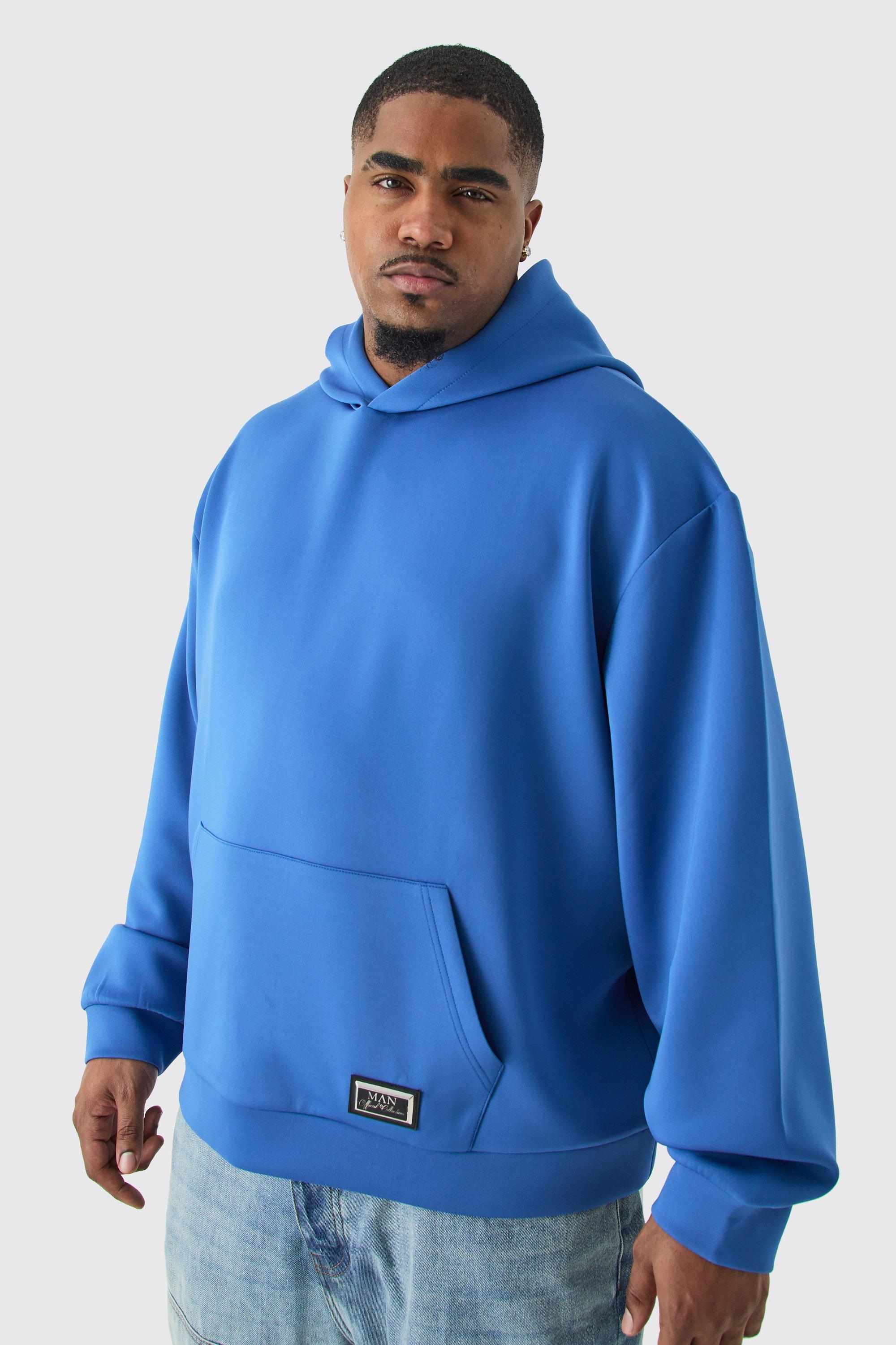 Mens Blue Plus Oversized Boxy Scuba Hoodie, Blue