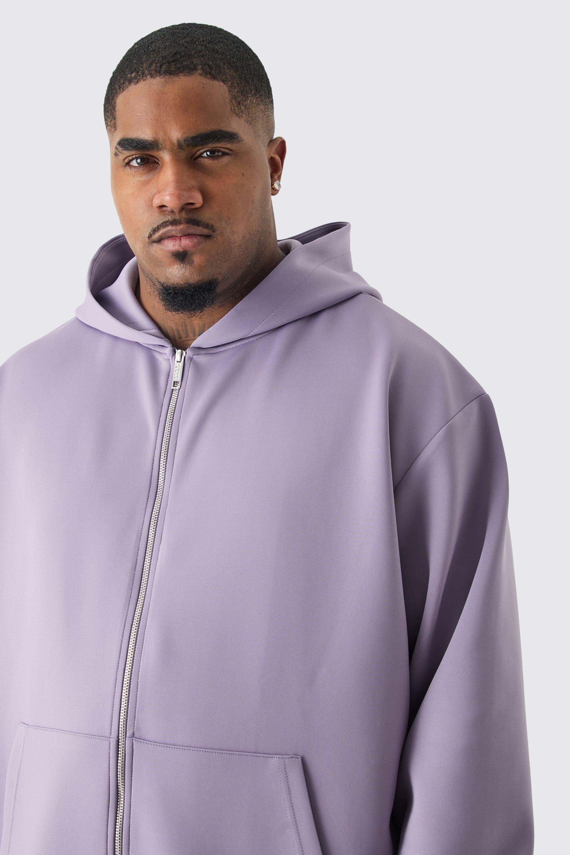 Mens Purple Plus Oversized Zip Through Scuba Hoodie, Purple