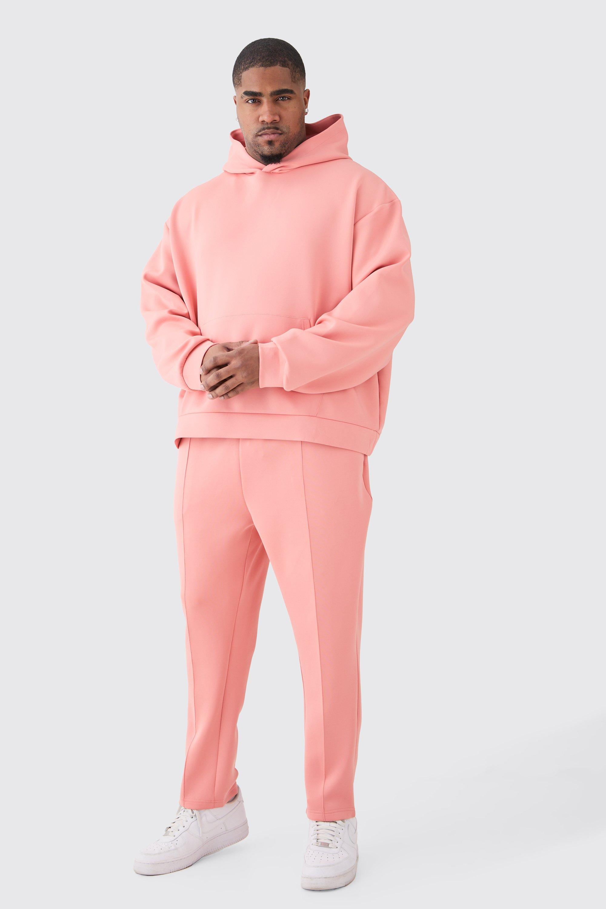 Mens Pink Plus Oversized Scuba Hooded Tracksuit, Pink