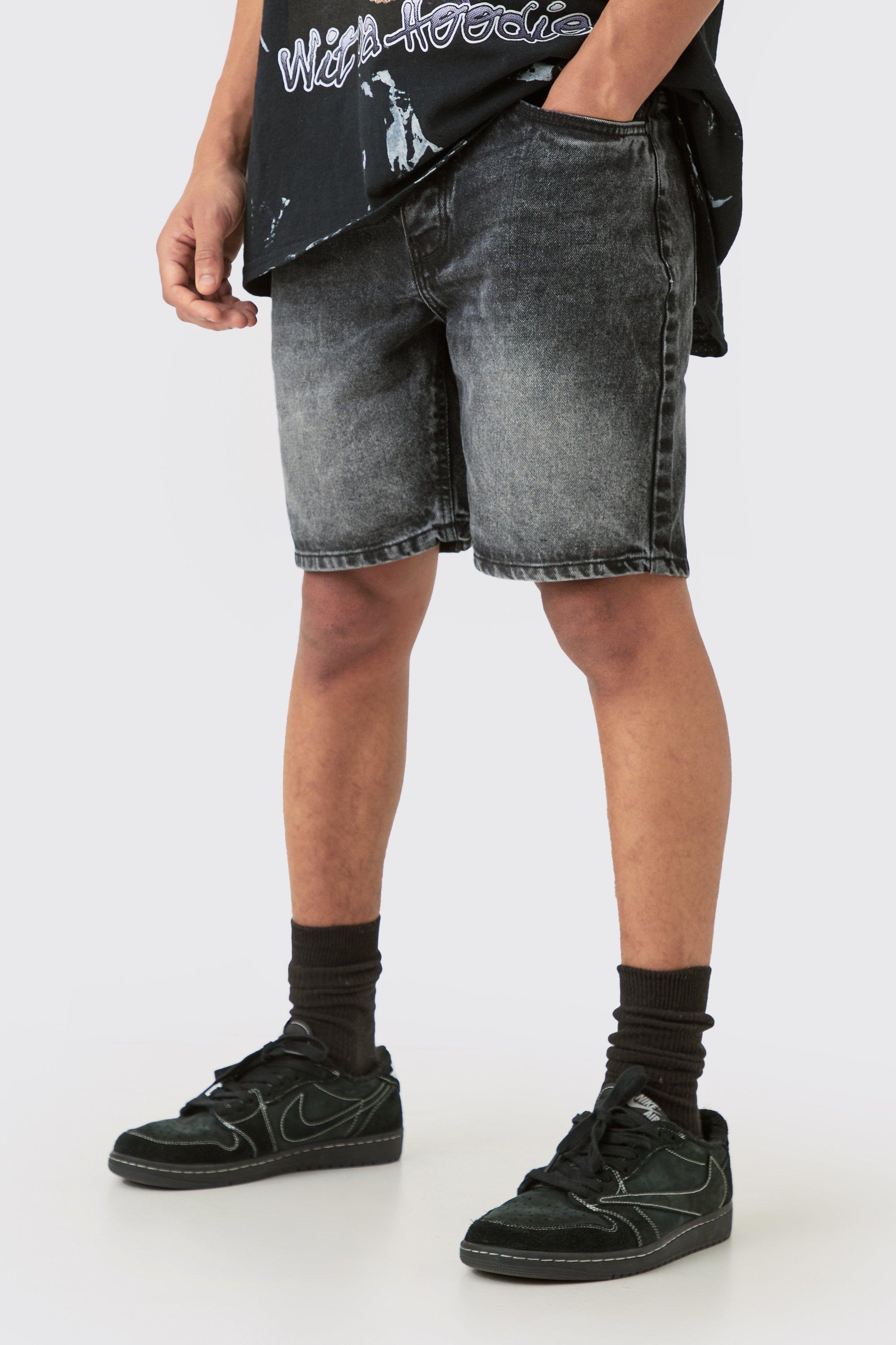 Image of Pantaloncini in denim Slim Fit in denim rigido color antracite con spacco in vita, Grigio