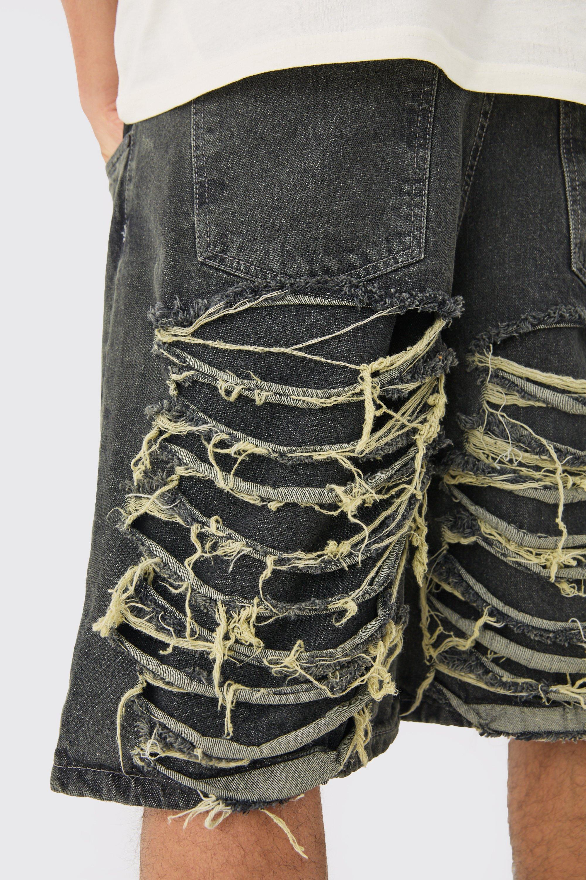 Mens Relaxed Rigid Extreme Ripped Denim Jorts In Antique Grey, Grey