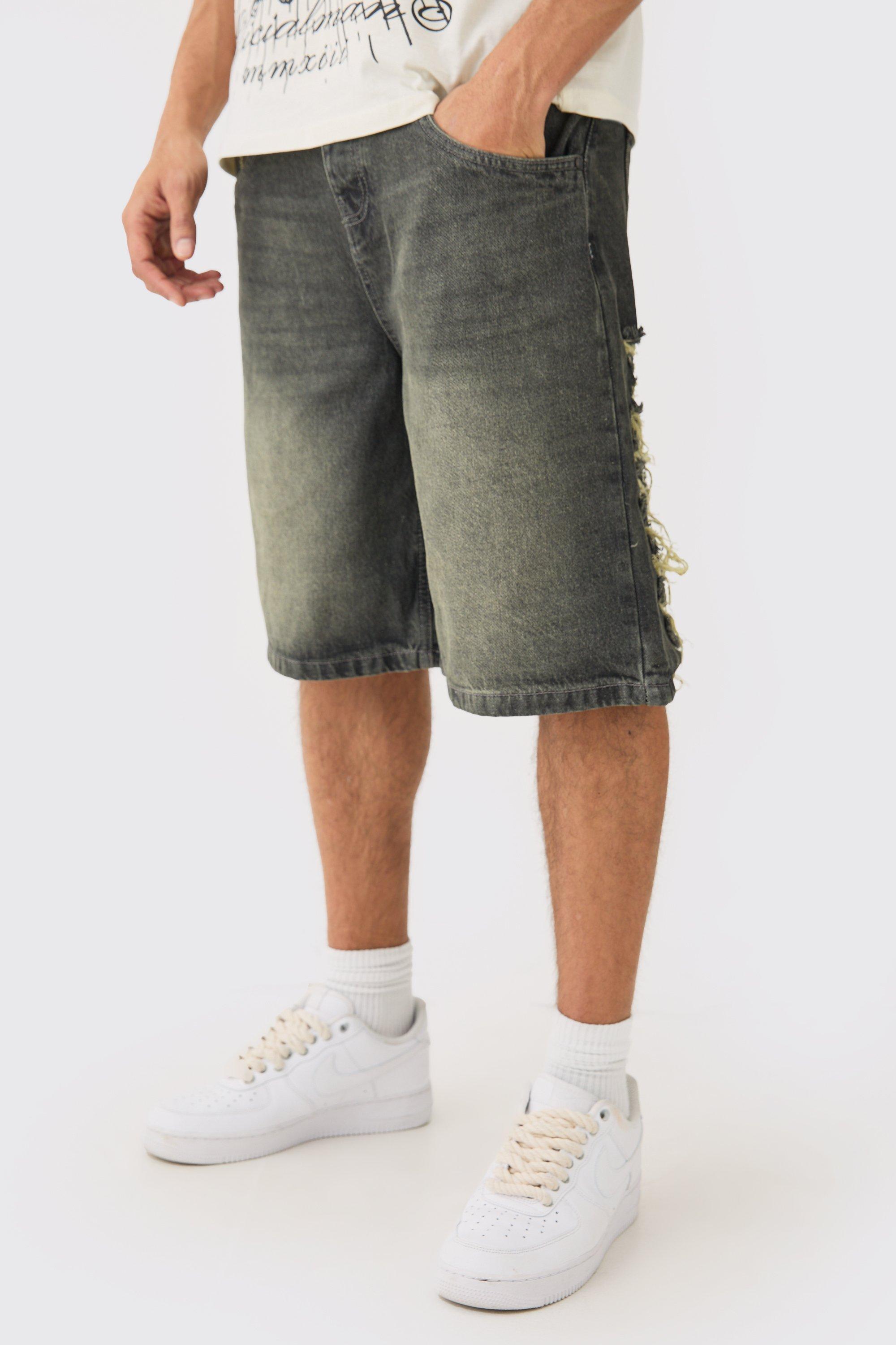 Mens Relaxed Rigid Extreme Ripped Denim Jorts In Antique Grey, Grey
