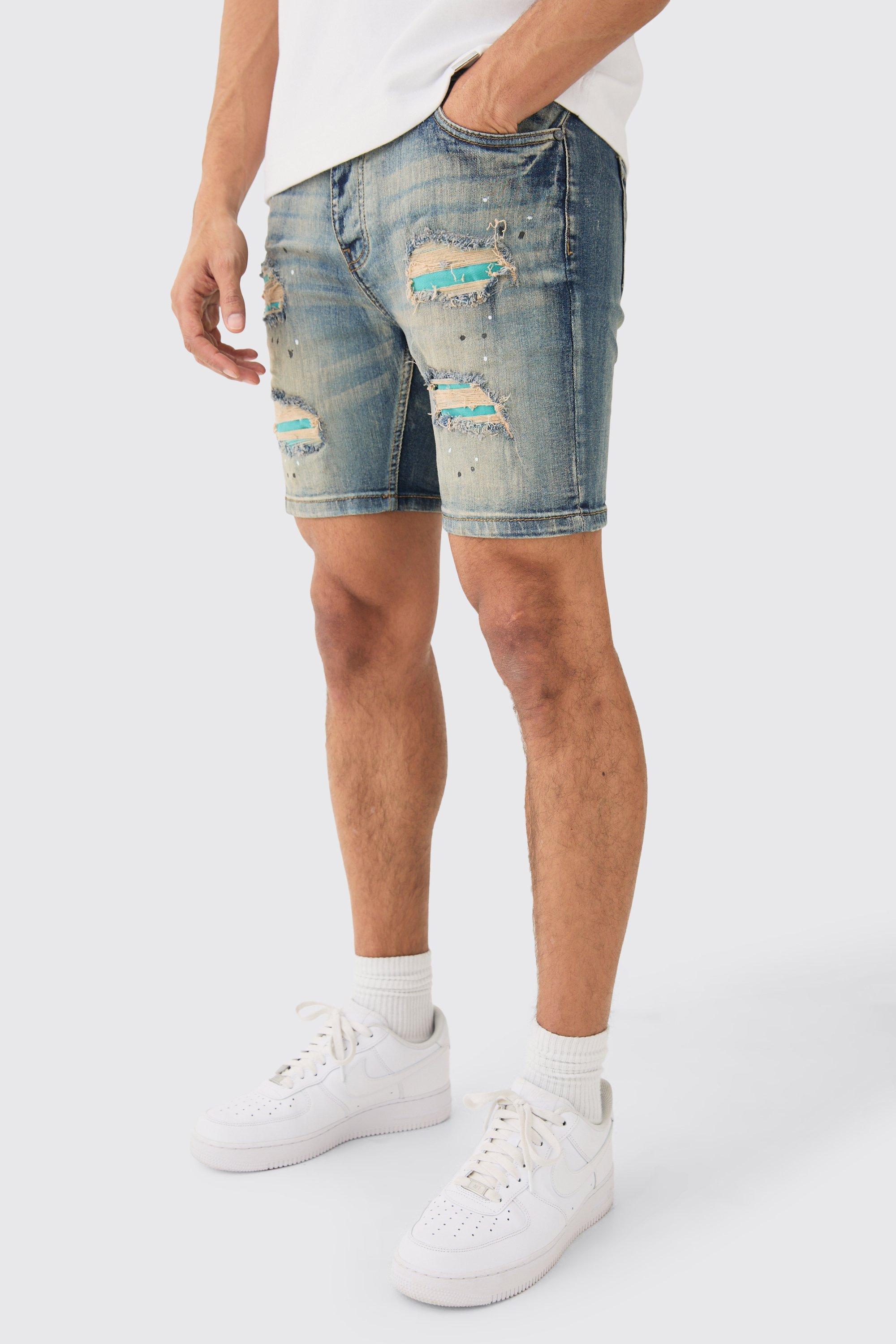 Image of Pantaloncini in denim Skinny Fit Stretch con strappi & rattoppi e schizzi di colore, Grigio