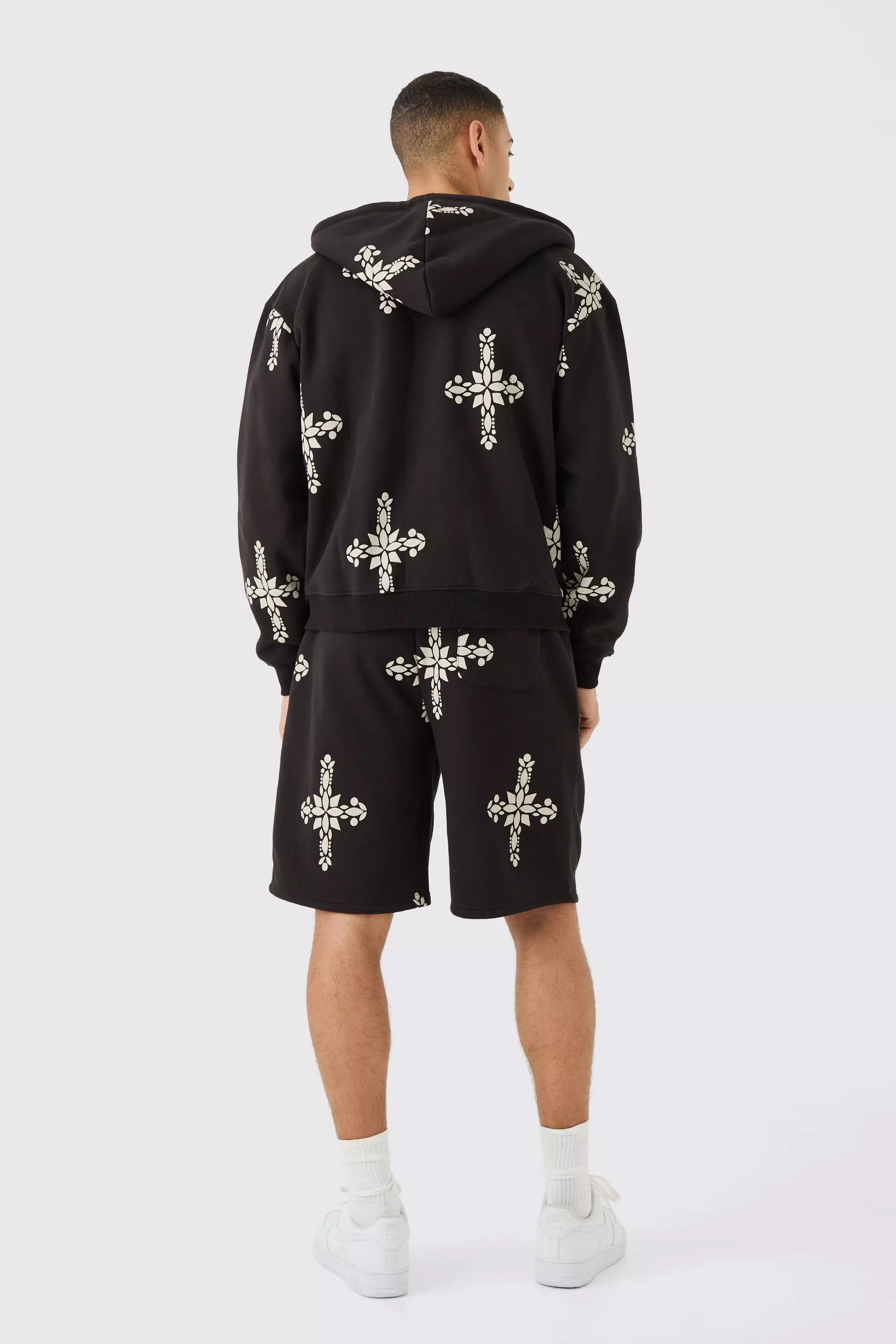 Oversized Boxy Zip Through Cross Printed Hoodie