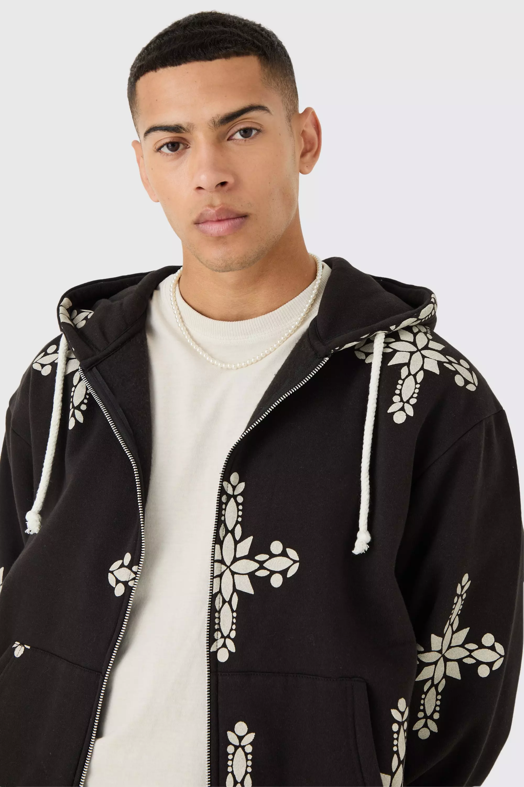 Oversized Boxy Zip Through Cross Printed Hoodie