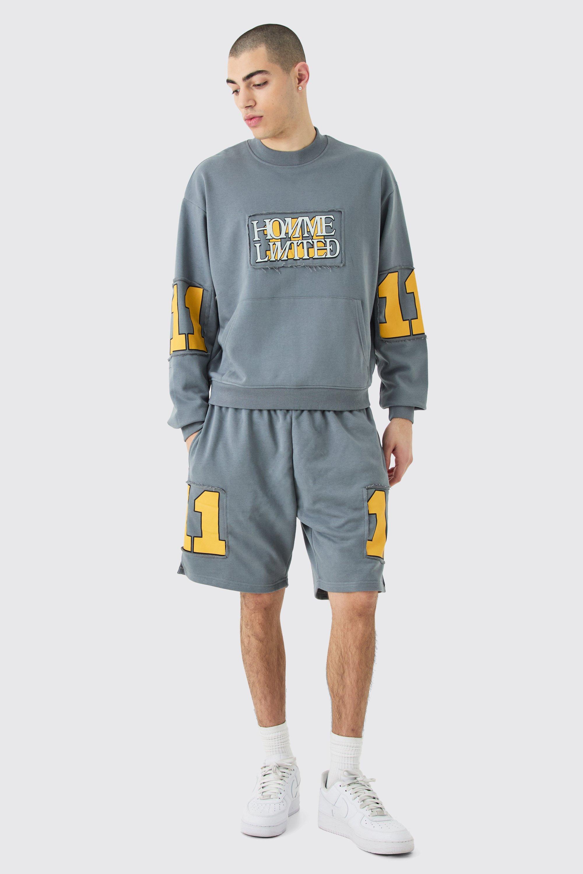 Mens Grey Oversized Boxy Homme Cut Out Sweatshirt & Shorts, Grey